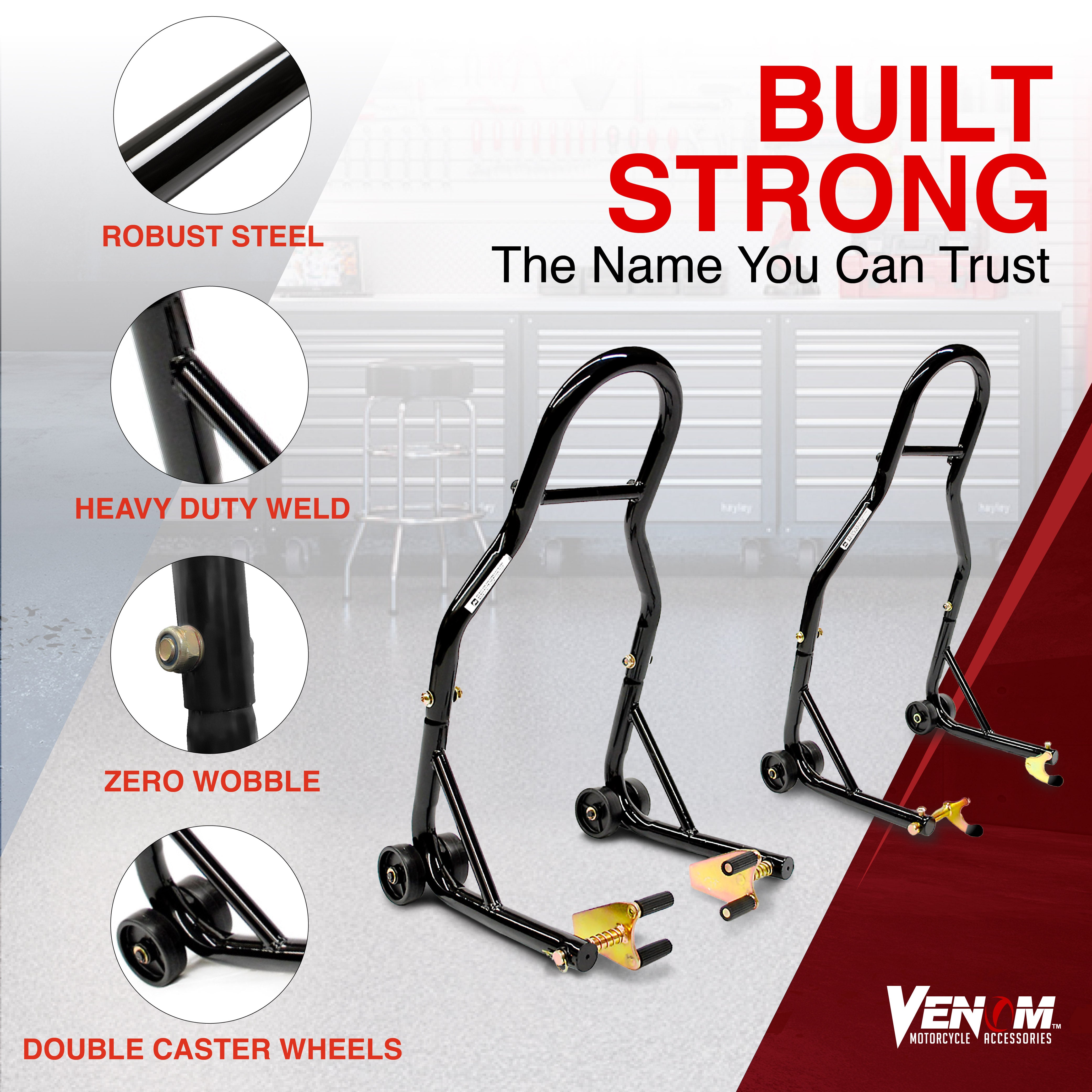 Venom Motorcycle Lift Stand - Front Wheel Fork Stand Rear Wheel Swingarm Spool Stand - Universal Fit