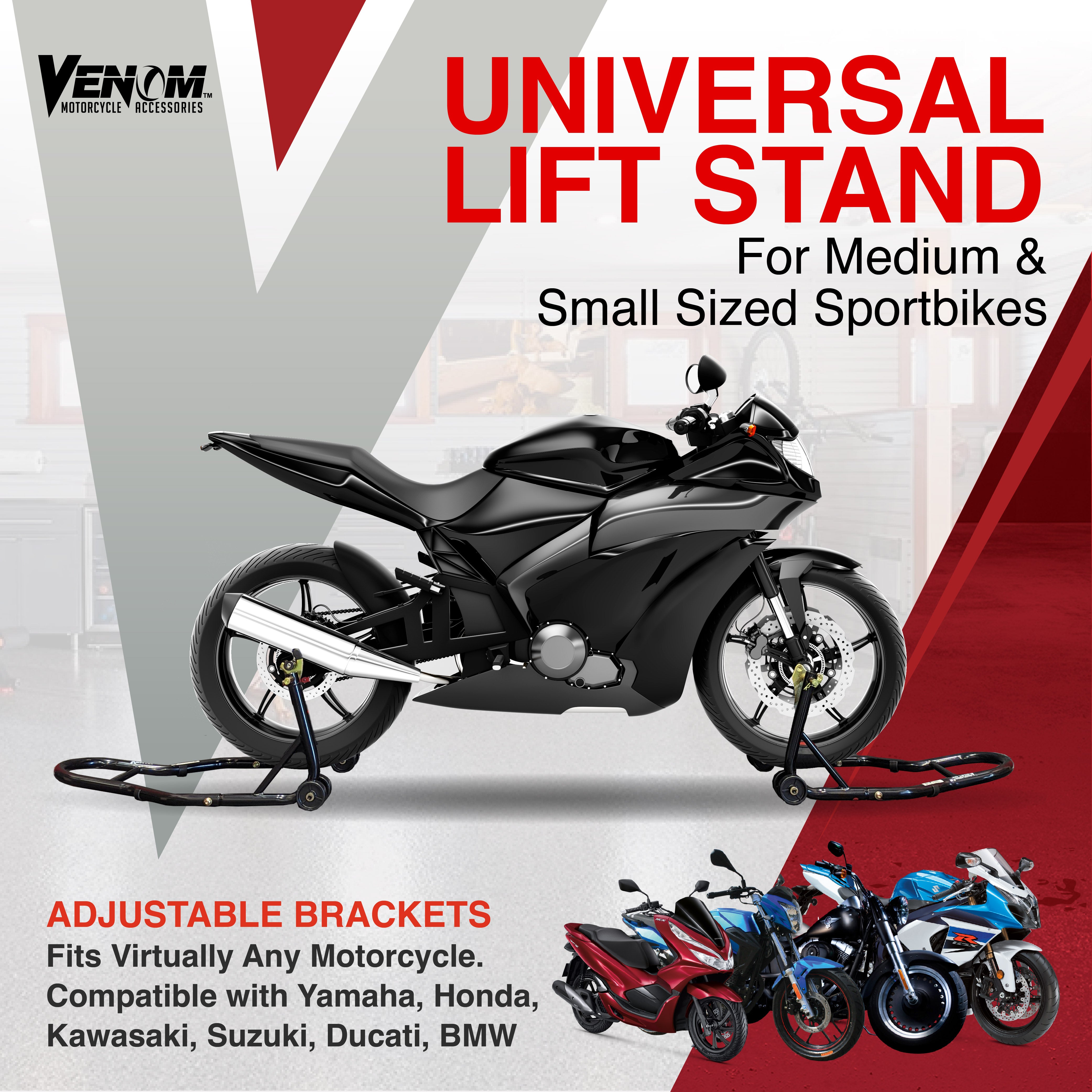 Venom Motorcycle Lift Stand - Front Wheel Fork Stand Rear Wheel Swingarm Spool Stand - Universal Fit