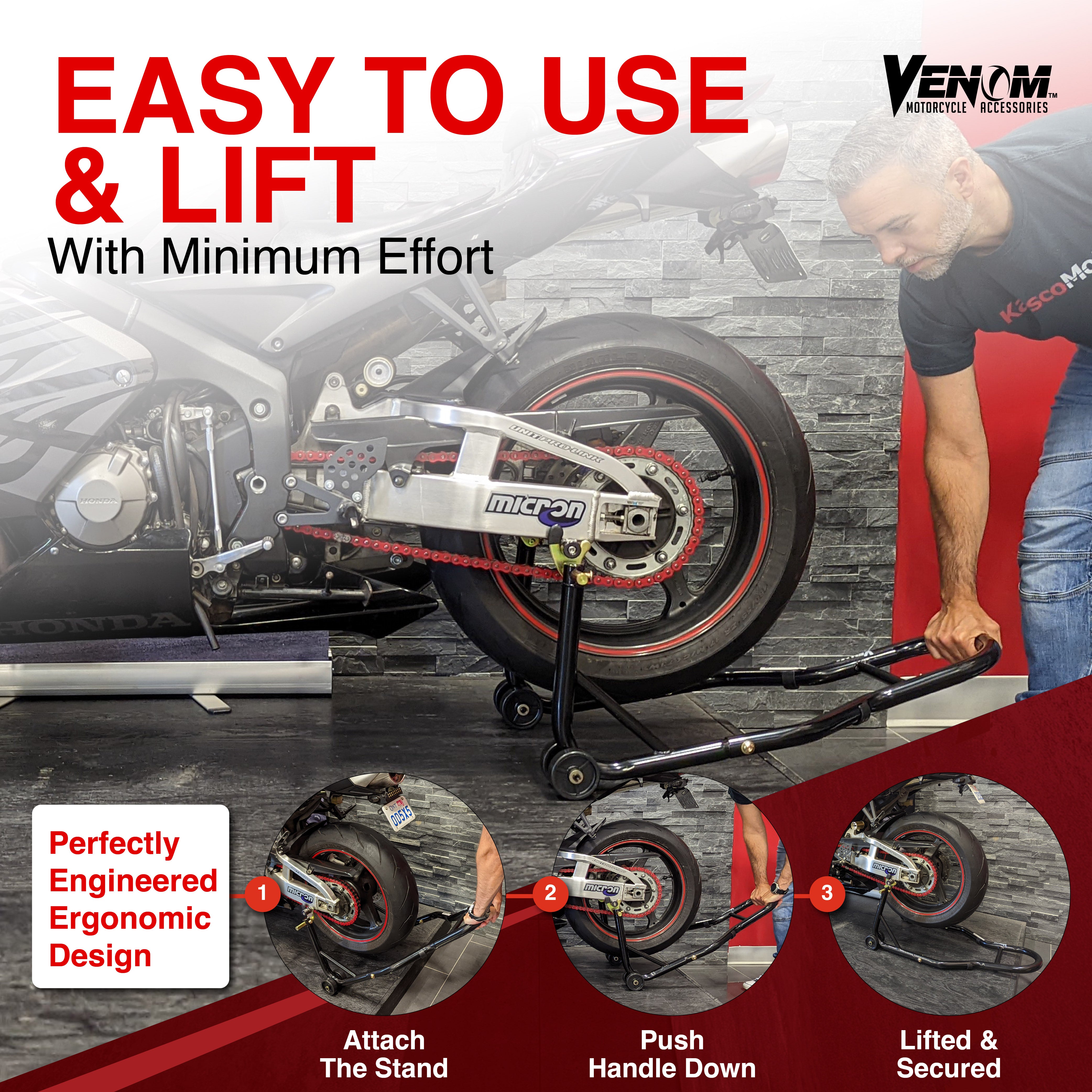 Venom Motorcycle Lift Stand - Front Wheel Fork Stand Rear Wheel Swingarm Spool Stand - Universal Fit