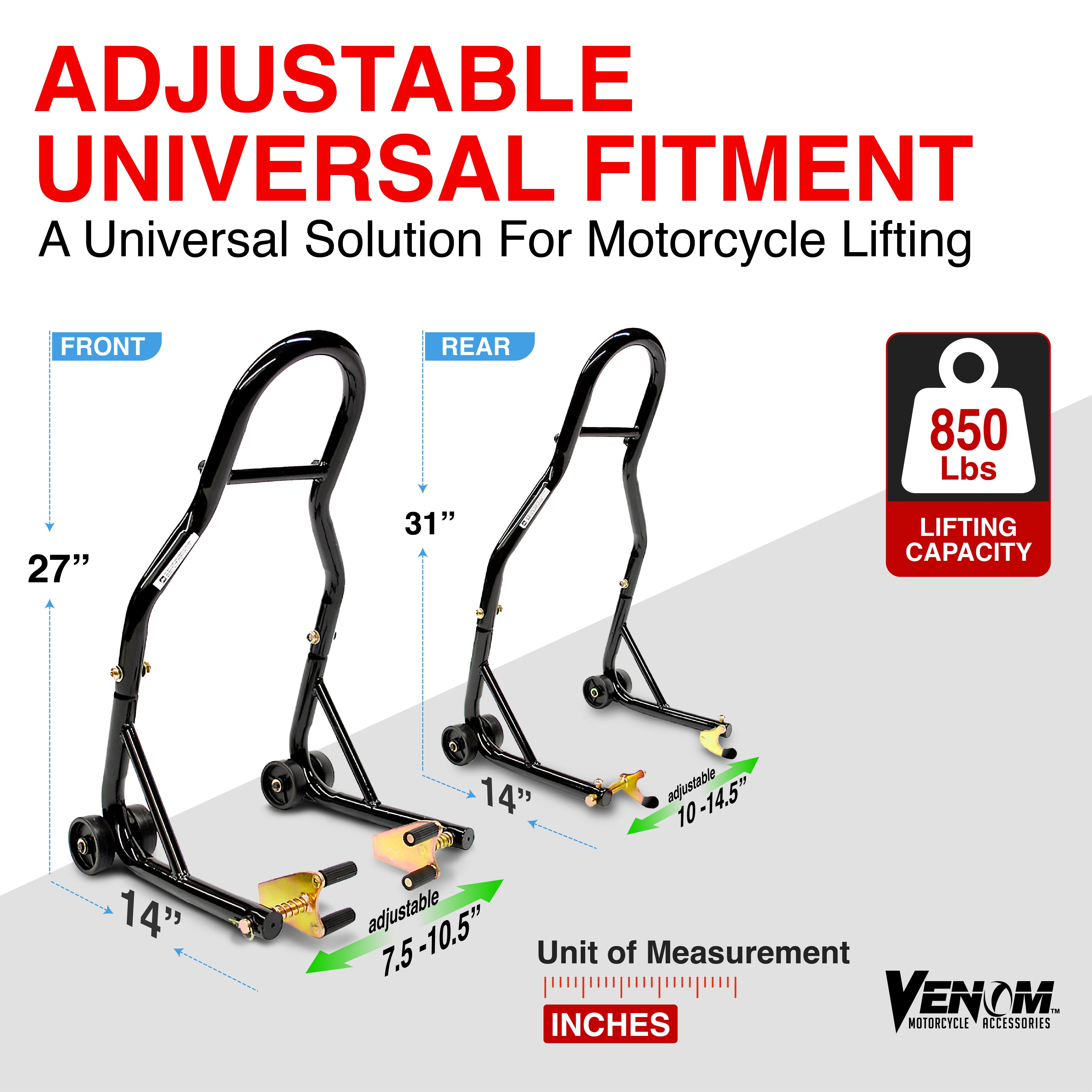 Venom Motorcycle Lift Stand - Front Wheel Fork Stand Rear Wheel Swingarm Spool Stand - Universal Fit