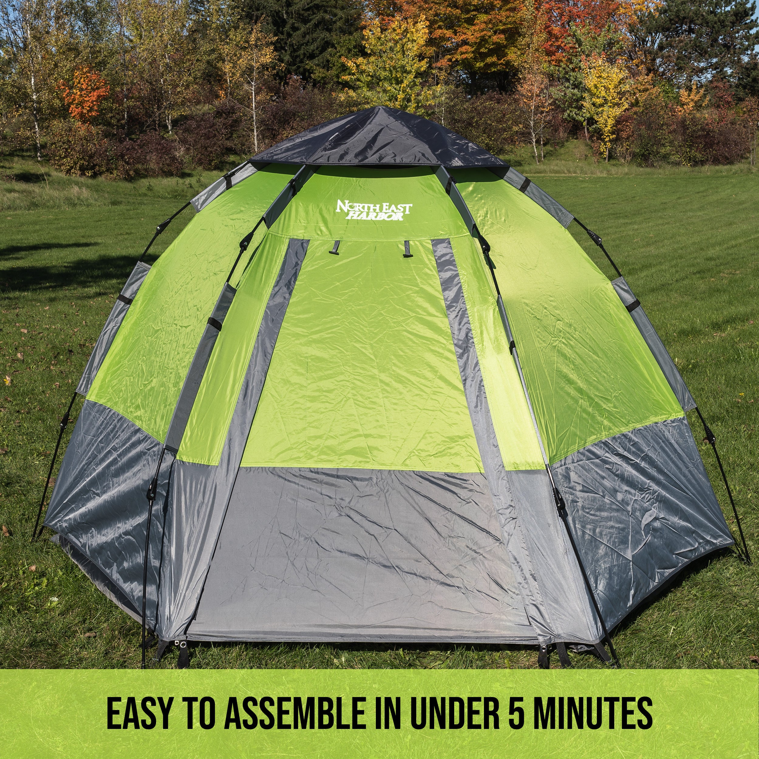 5 Person Instant Automatic Camping Tent Waterproof Double Layered Fabric, Portable Hexagon Tent with Carry Bag, Green, 8.9'L x 8.9'W x 5.25'H