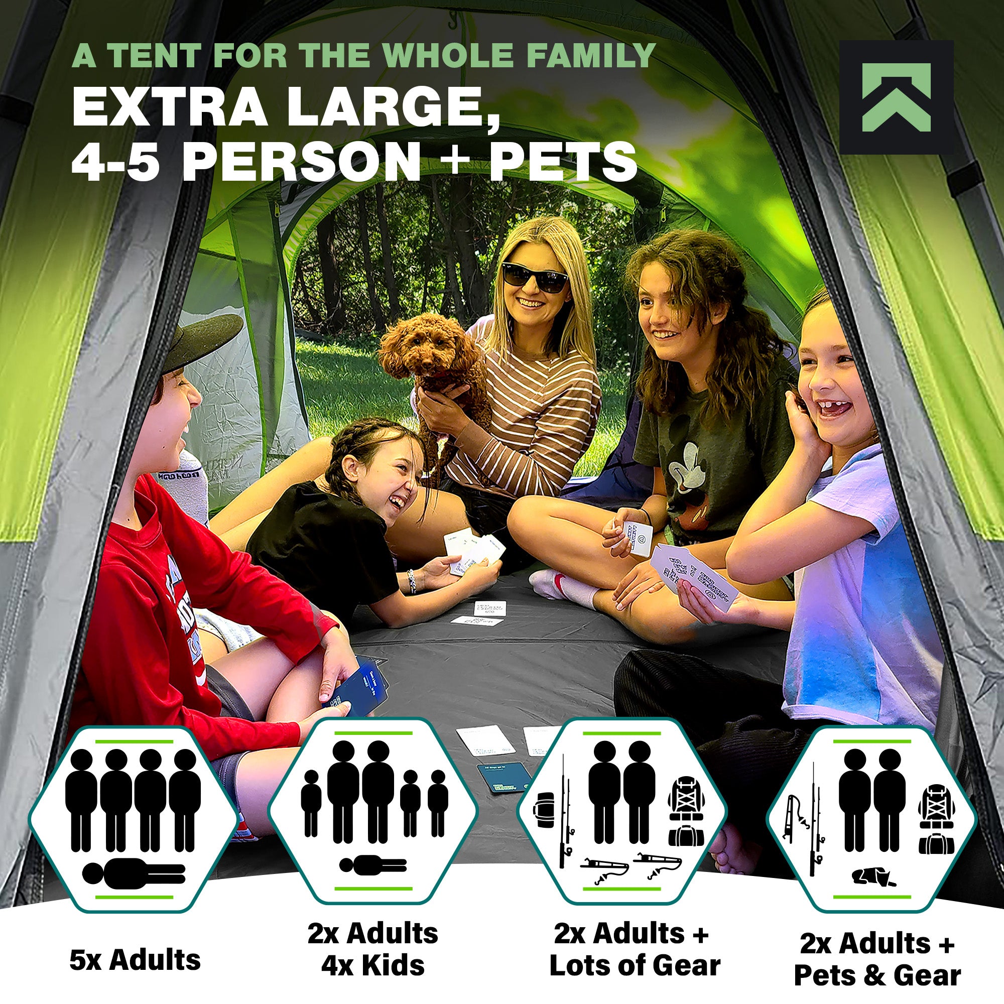 NEH Instant Tent Water Resistant Tent Fits Up To 4-5 People, Dual Entry, Green