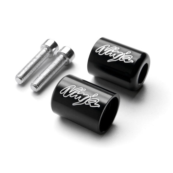 Black Kawasaki "Ninja" Engraved Bar Ends Weights Sliders - ZX6R, ZX7R, ZX9R, ZX10R, ZX12R and More! (1987-2012)