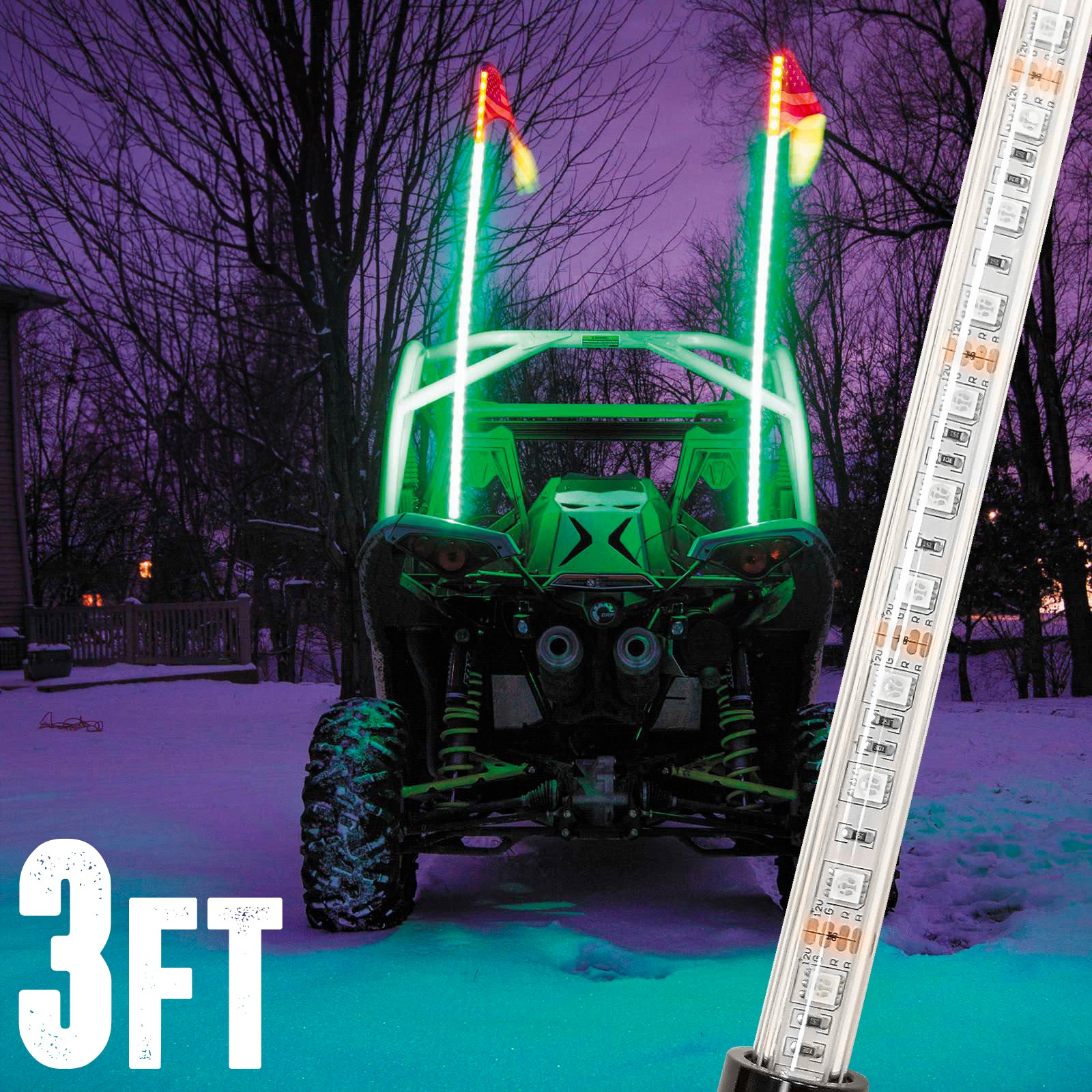 3ft Multi-Color LED Whip Light w/ Remote Control + USA Flag for Dune Buggy / ATV