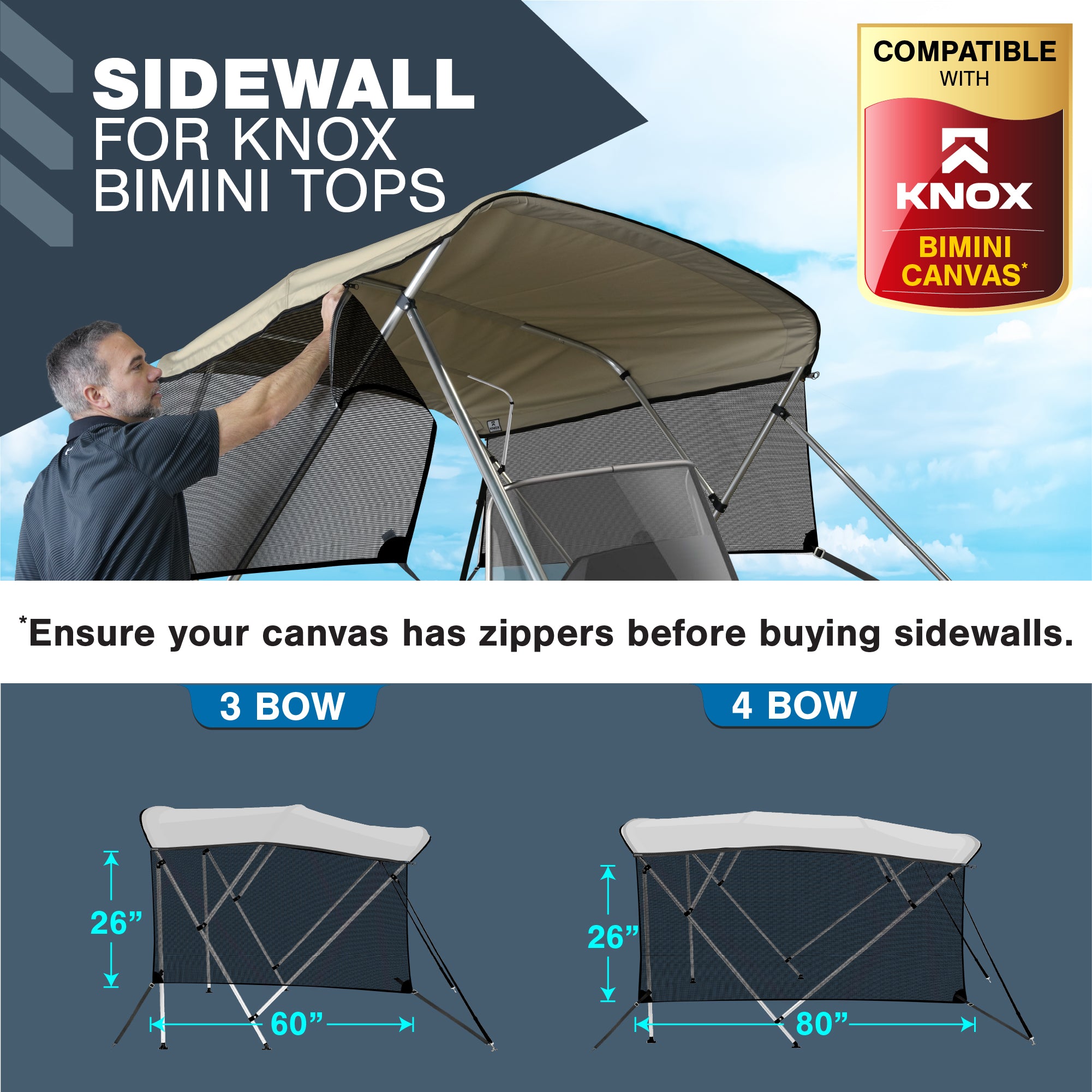 3 Bow Bimini Top Sidewalls, 900D Mesh Sun Shade Side Covers, 60"L x 26"H