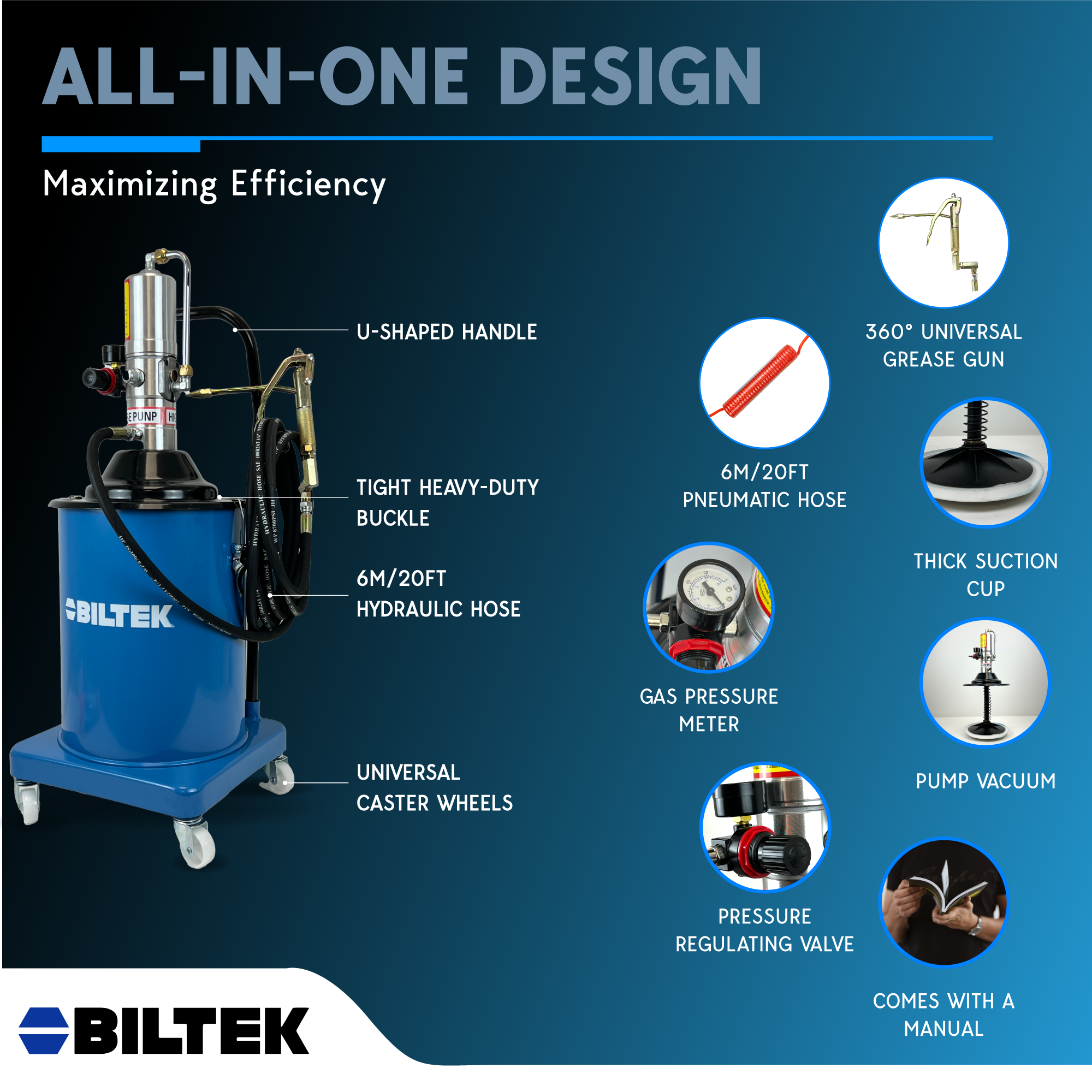 Biltek 5 Gal Air Operated Grease Pump with 360-degree Swivel Gun, 20ft Hose