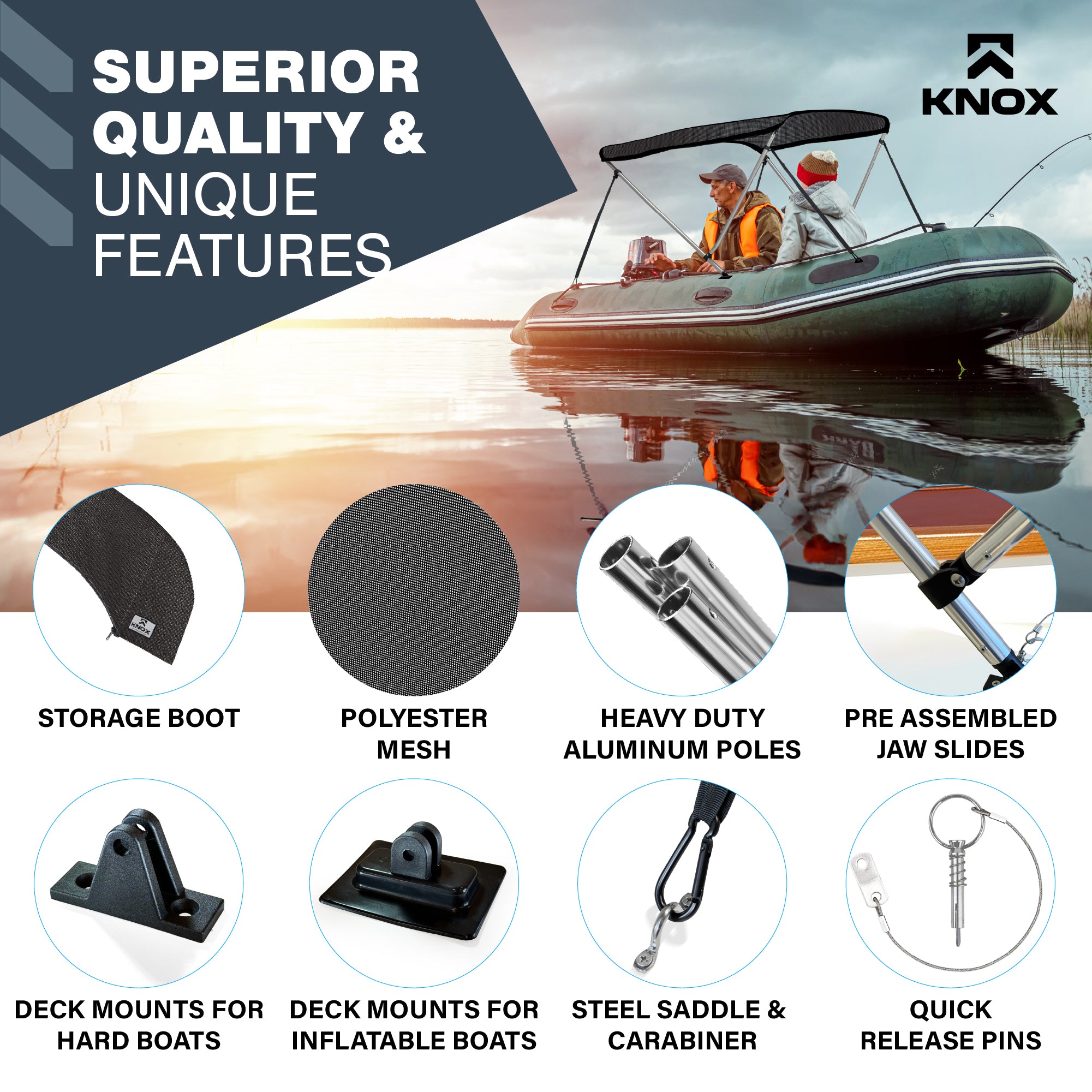KNOX 2 Bow Bimini Tops for Boats, Boat Canopy Kit, 900D Mesh Canvas