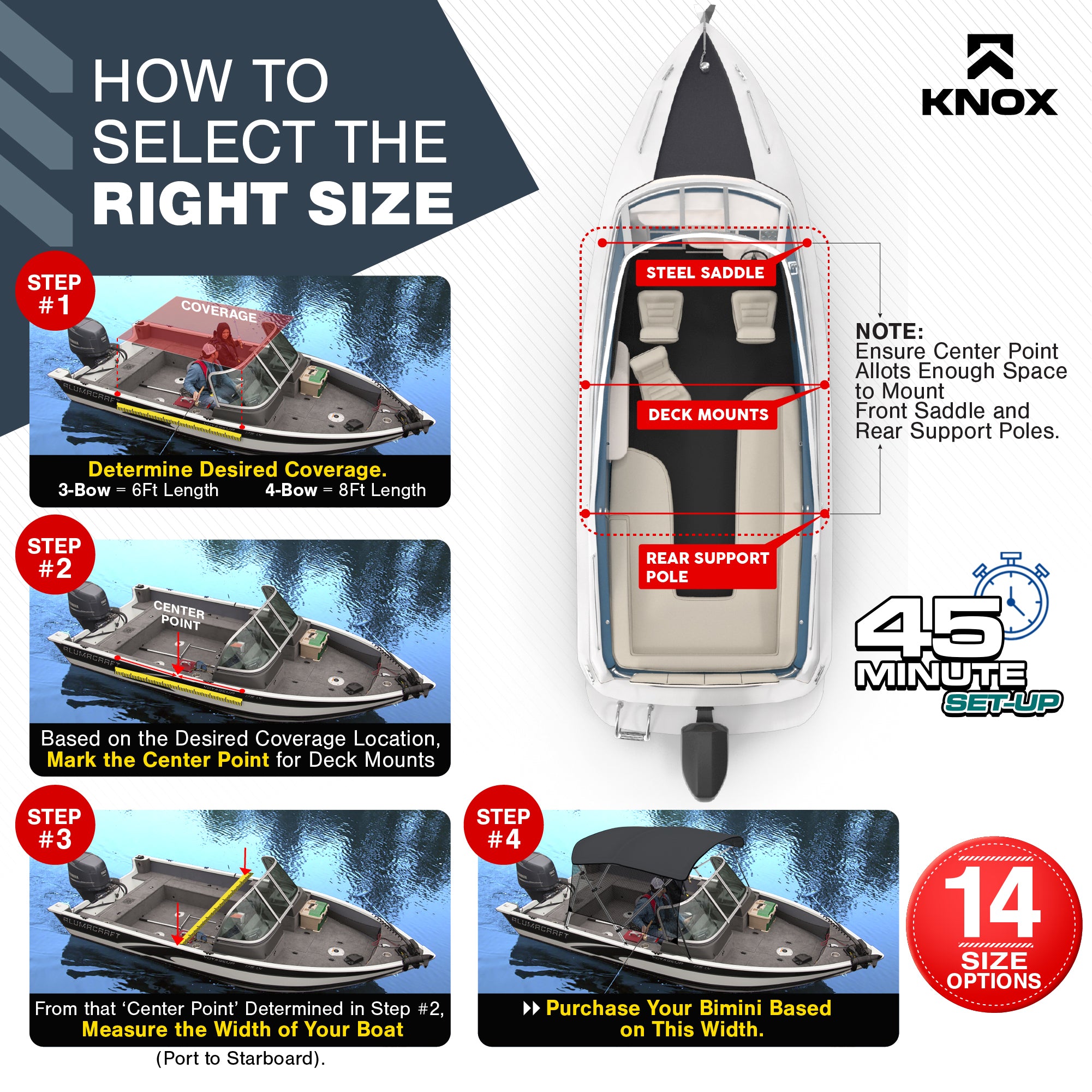 KNOX Universal 3 Bow Bimini Tops for Boats with Sidewalls