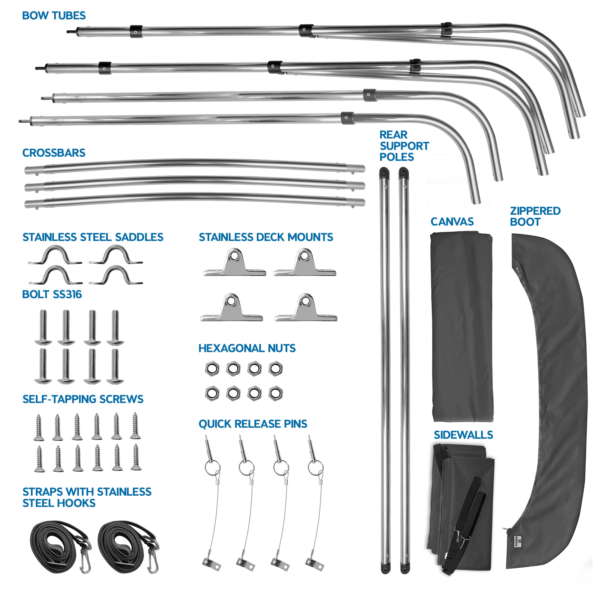 KNOX Universal 3 Bow Bimini Tops for Boats with Sidewalls