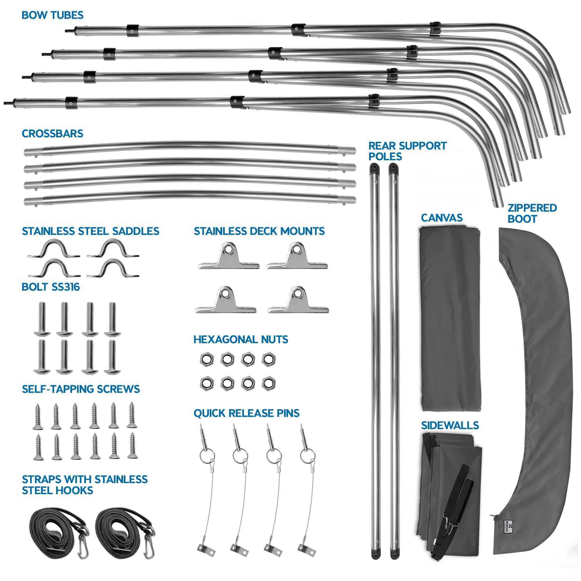 KNOX Universal 4 Bow Bimini Tops for Boats with Sidewalls