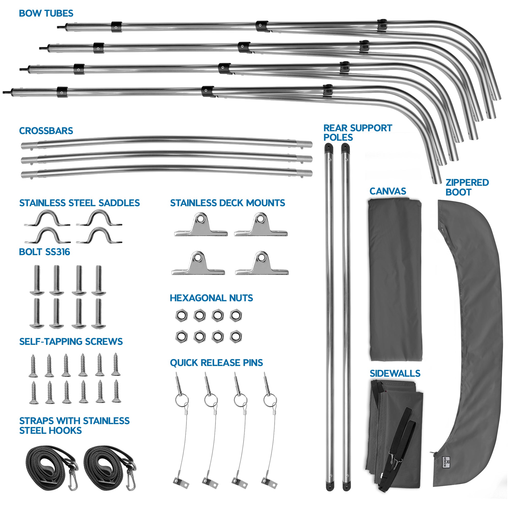KNOX Universal 4 Bow Bimini Tops for Boats with Sidewalls