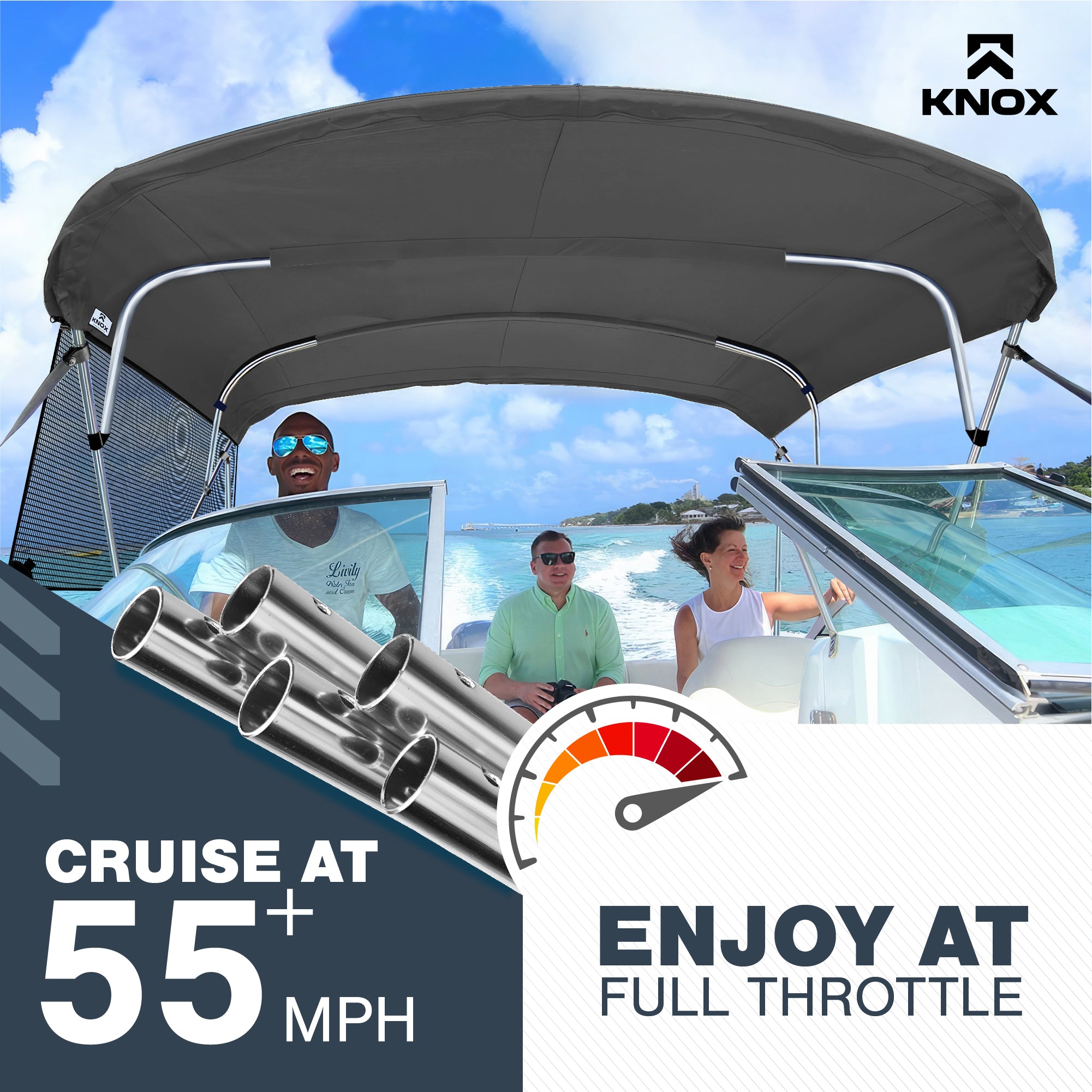 KNOX Universal 4 Bow Bimini Tops for Boats with Mesh Sidewalls