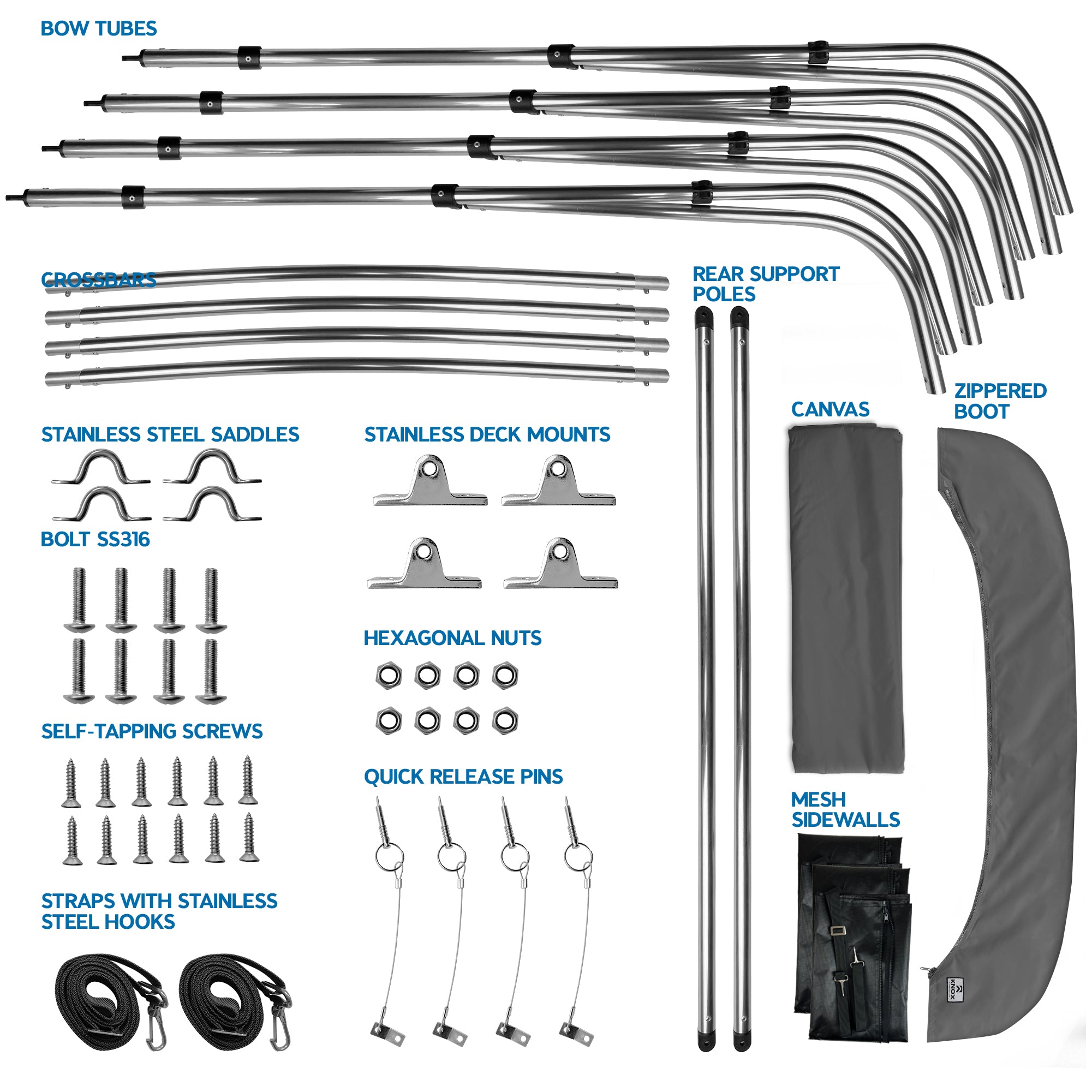 KNOX Universal 4 Bow Bimini Tops for Boats with Mesh Sidewalls