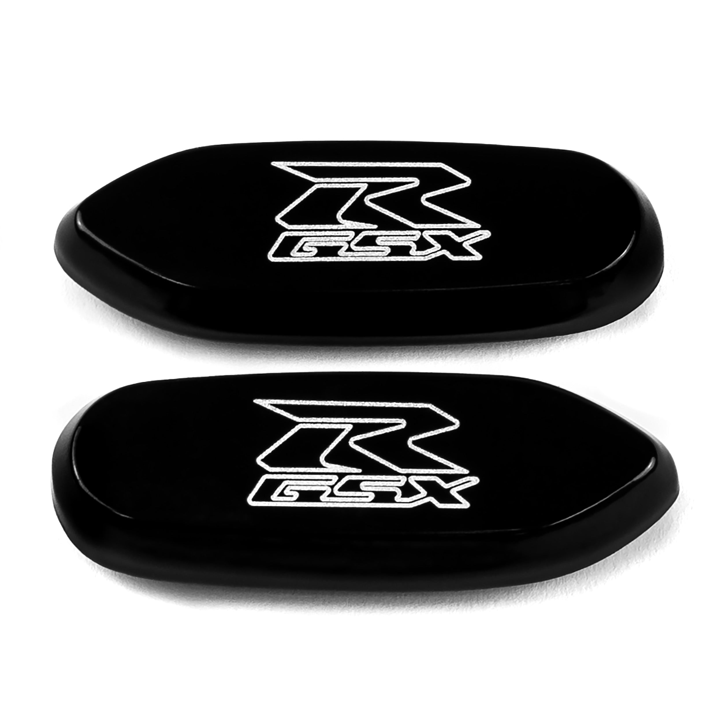 Suzuki GSXR 600 750 1000 Mirror Block Off Base Plates Logo Engraved Black Set (2005-2012)