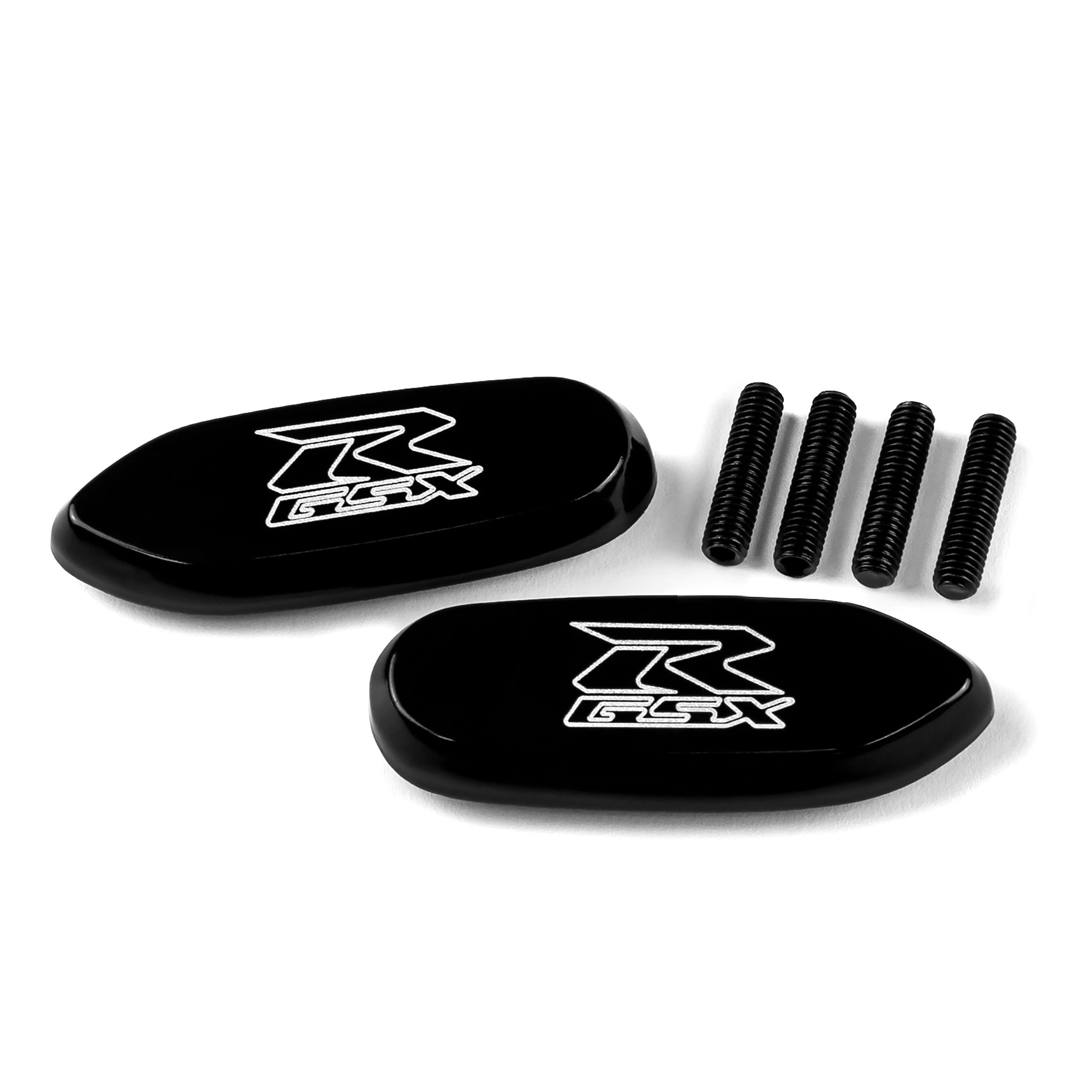 Suzuki GSXR 600 750 1000 Mirror Block Off Base Plates Logo Engraved Black Set (2005-2012)