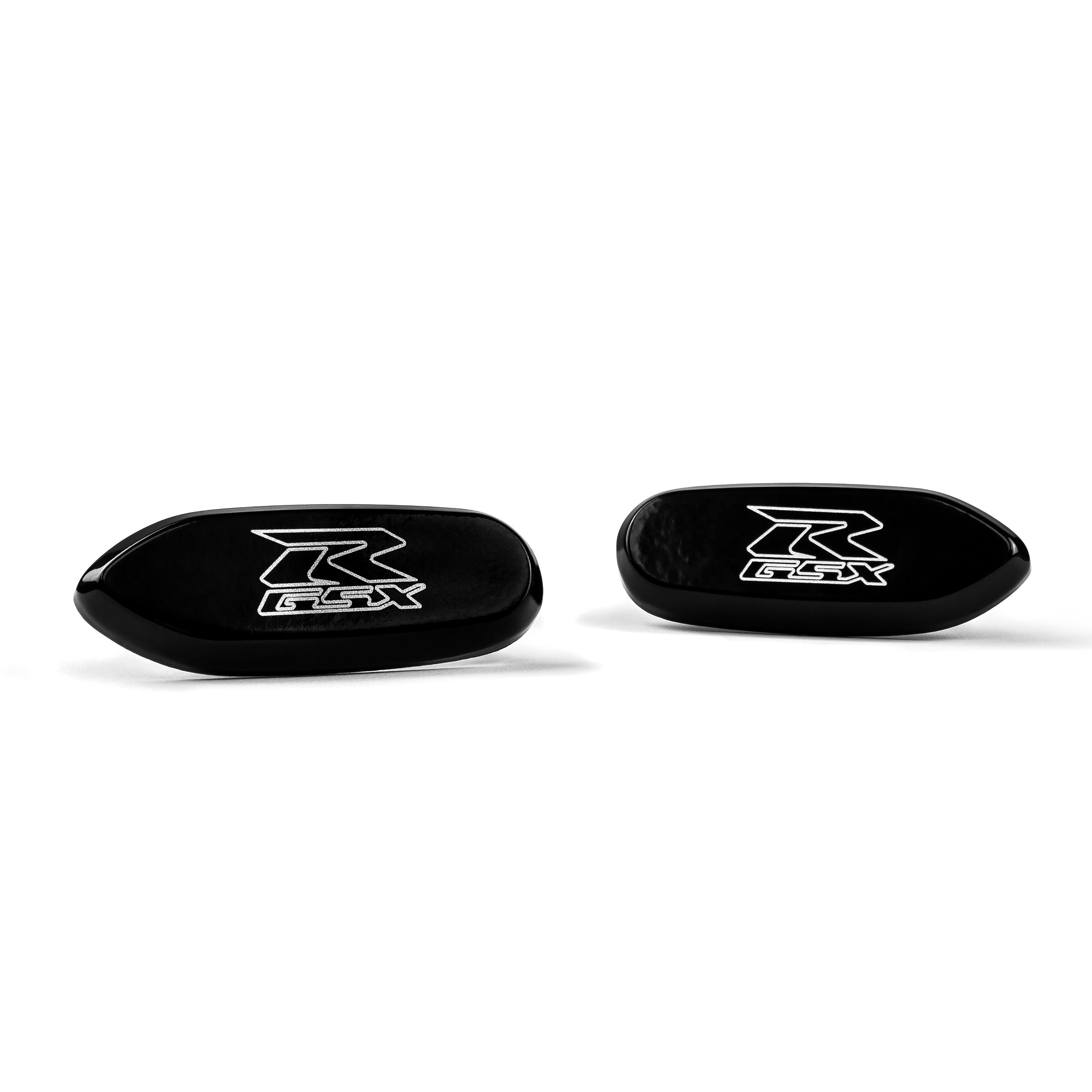 Suzuki GSXR 600 750 1000 Mirror Block Off Base Plates Logo Engraved Black Set (2005-2012)