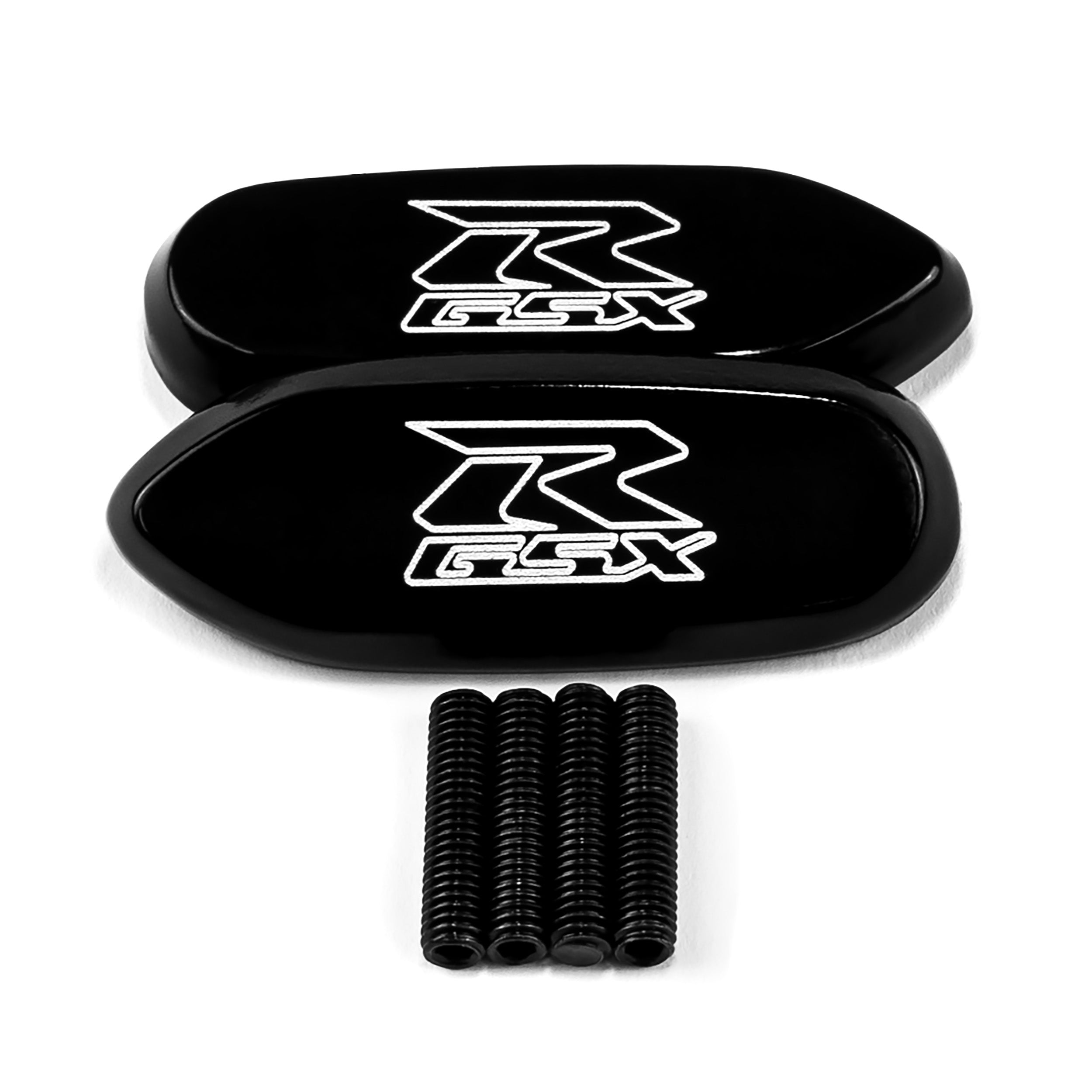 Suzuki GSXR 600 750 1000 Mirror Block Off Base Plates Logo Engraved Black Set (2005-2012)