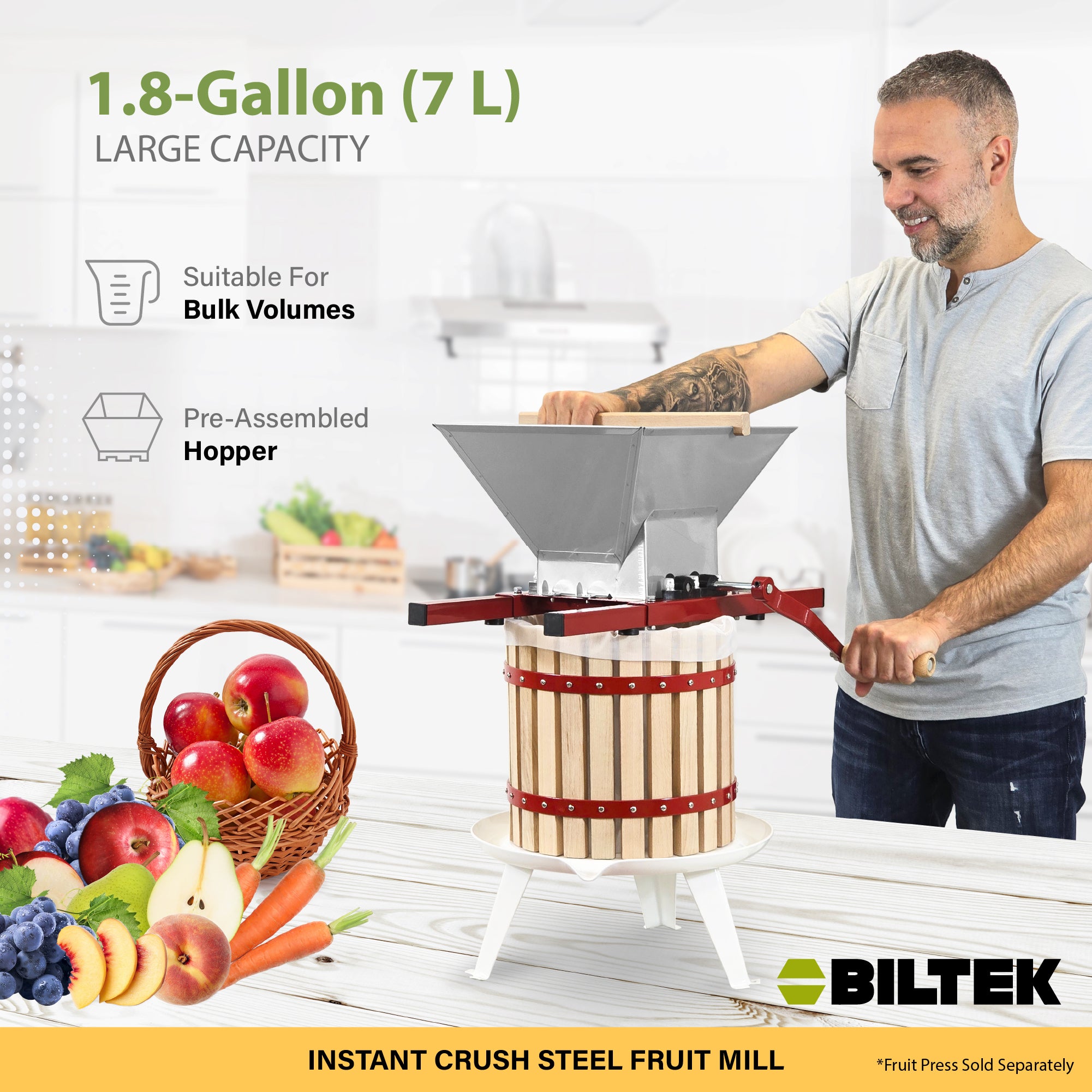 Biltek Fruit Crusher, Pre-Assembled Hopper, Easy Use Ergonomic Wood Hand Crank, 1.8 Gal (7-L)