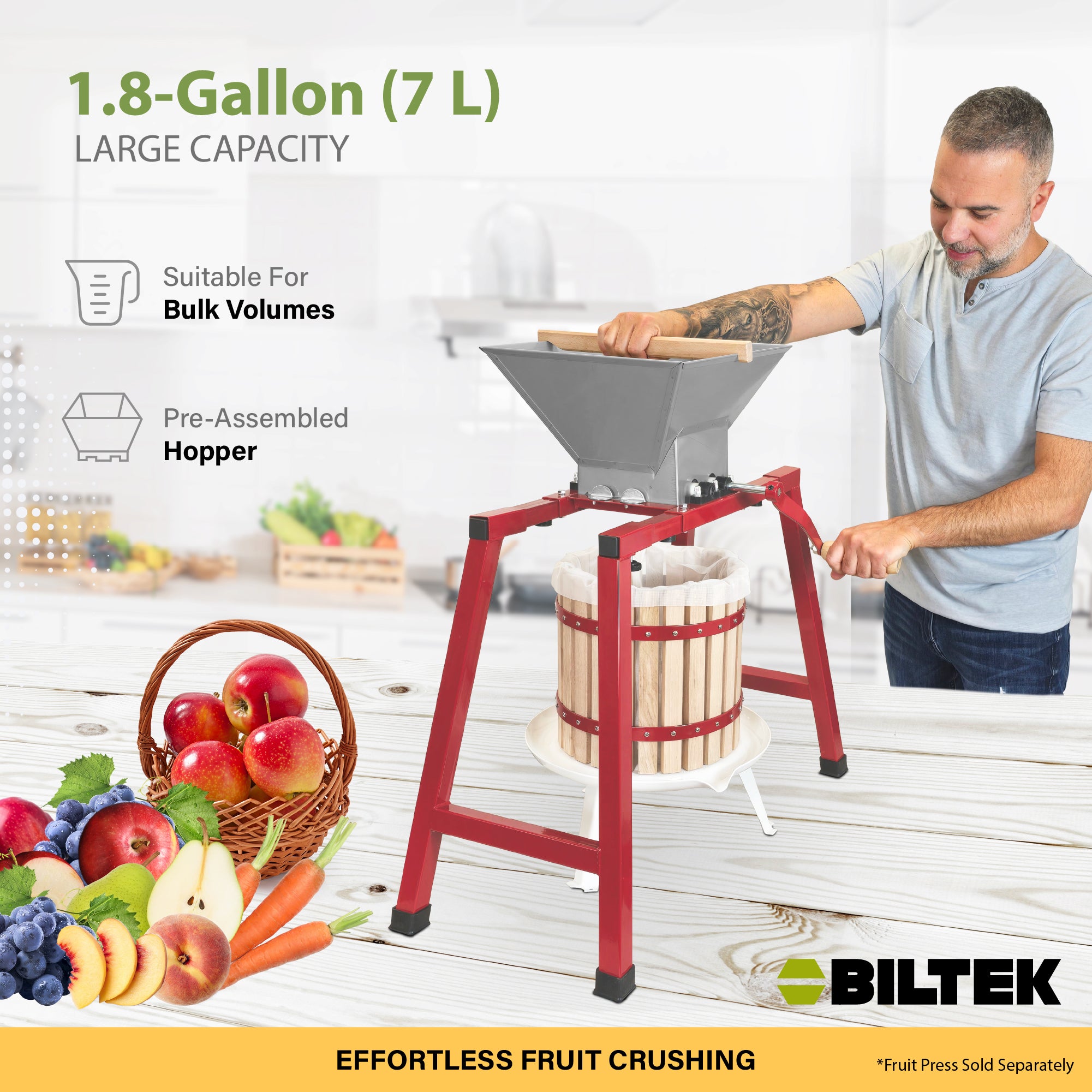 Biltek Manual 7L/1.8 Gal Fruit Crusher w/ Easy Use Food Mill Hand Crank + Stand