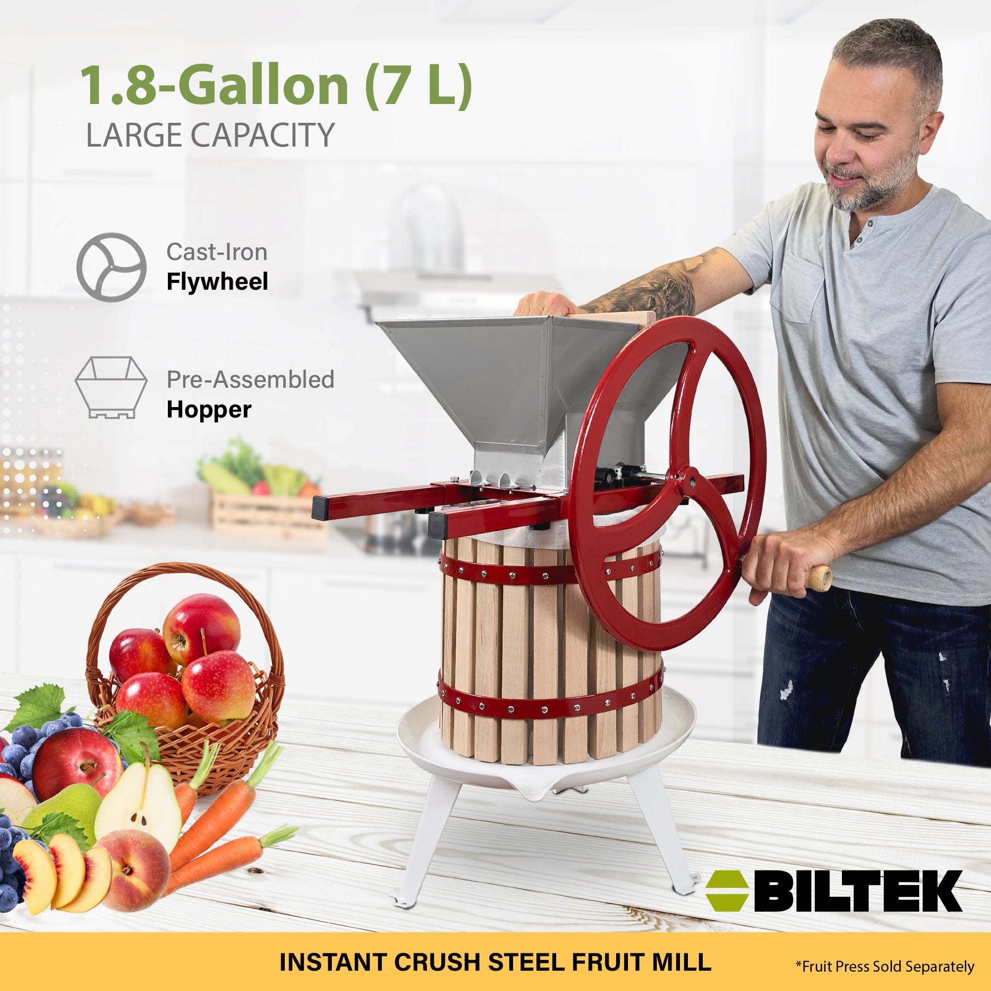 Biltek Fruit Crusher, Easy Use Manual Food Mill Hand Crank, Upgraded Cast Iron Flywheel, 1.8 Gal (7-L)