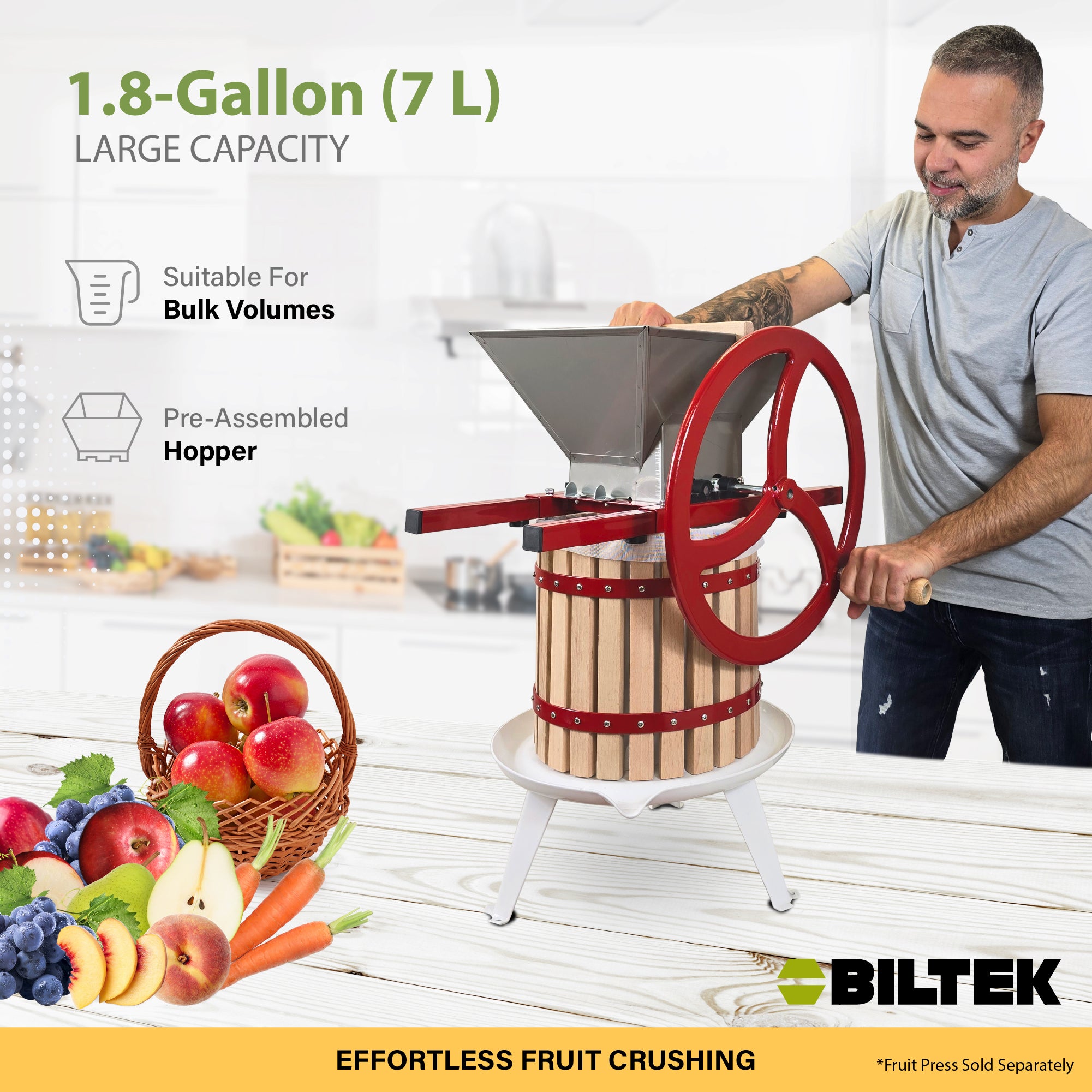Biltek Manual 7L/1.8 Gal Fruit Crusher w/ Fast-Rotating Cast Iron Flywheel + Stand