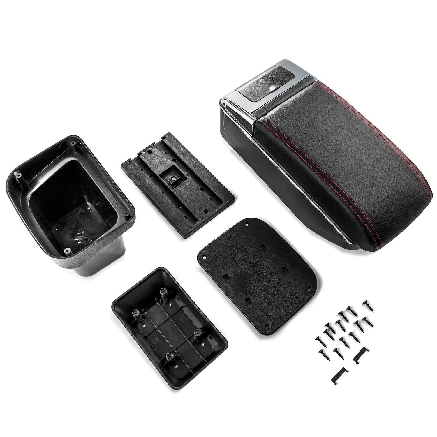 Car Armrest Center Console Box Storage Black Handrest For Nissan Juke 2010-2017 - Black Leather Red Stitching - Double Storage Space, Adjustable Cup Holder, Rear Ashtray / Change Holder