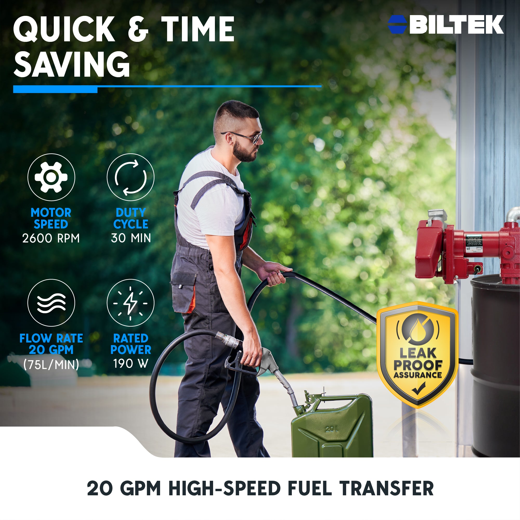 BILTEK 20 GPM 12V Fuel Transfer Pump for Diesel, Gasoline, Kerosene, & Oil