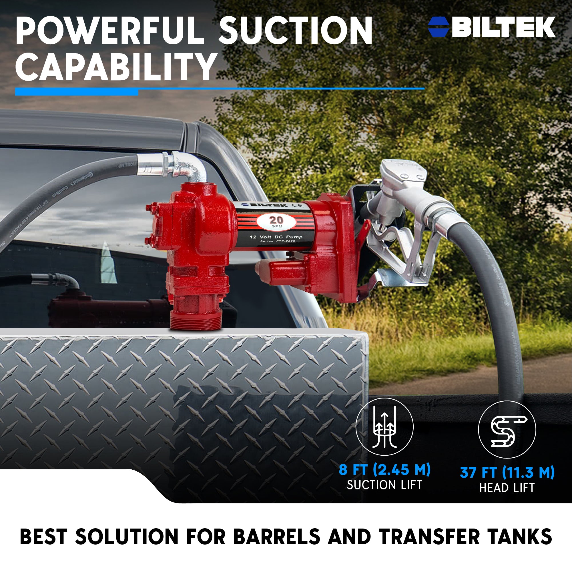 BILTEK 20 GPM 12V Fuel Transfer Pump for Diesel, Gasoline, Kerosene, & Oil