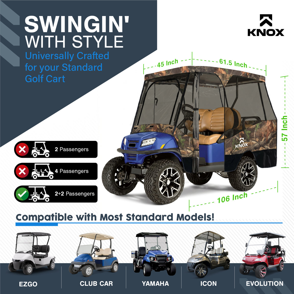 KNOX 4 Person Golf Cart Enclosure, 2+2 Seater, 61.5-Inch Roof