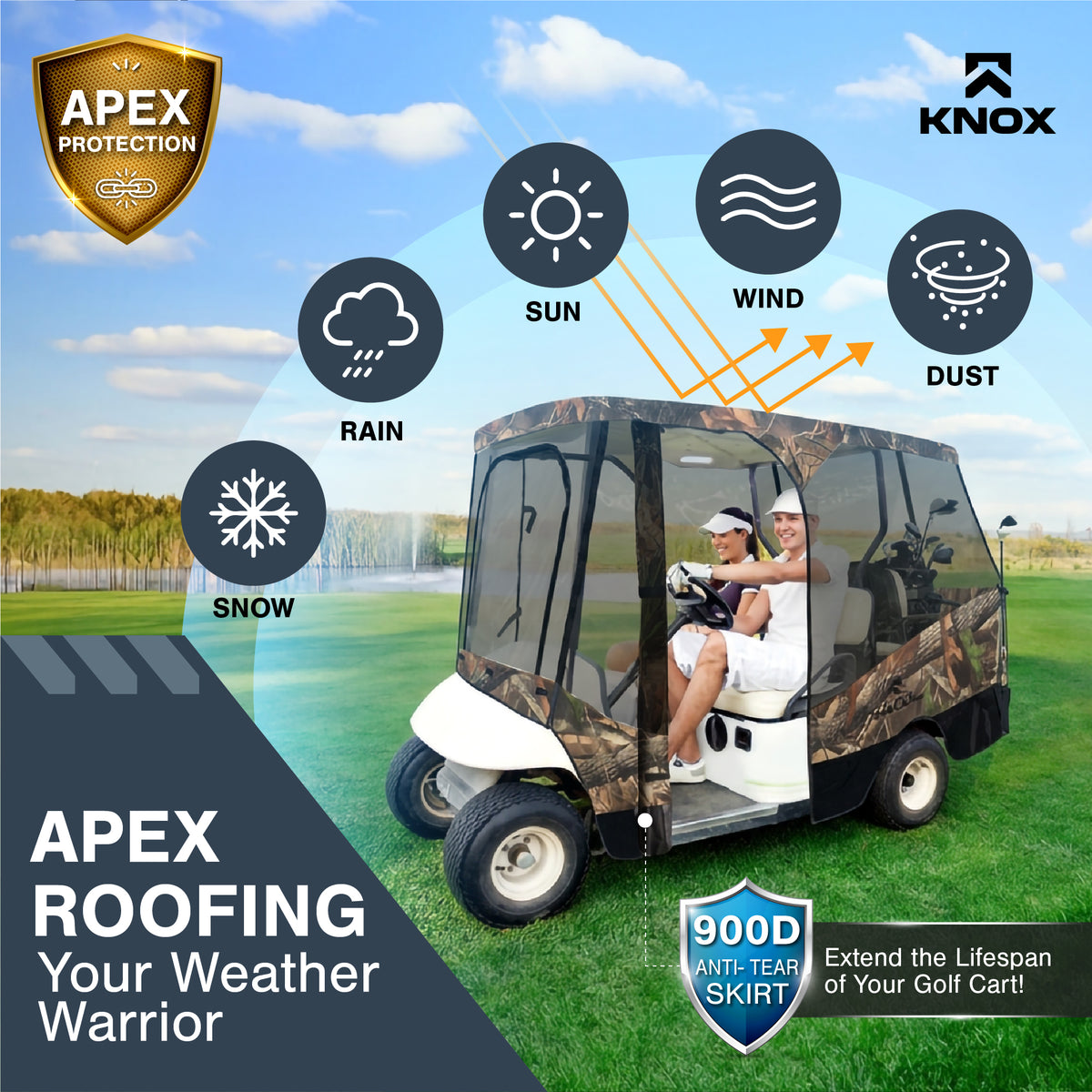 KNOX 4 Person Golf Cart Enclosure, 2+2 Seater, 61.5-Inch Roof