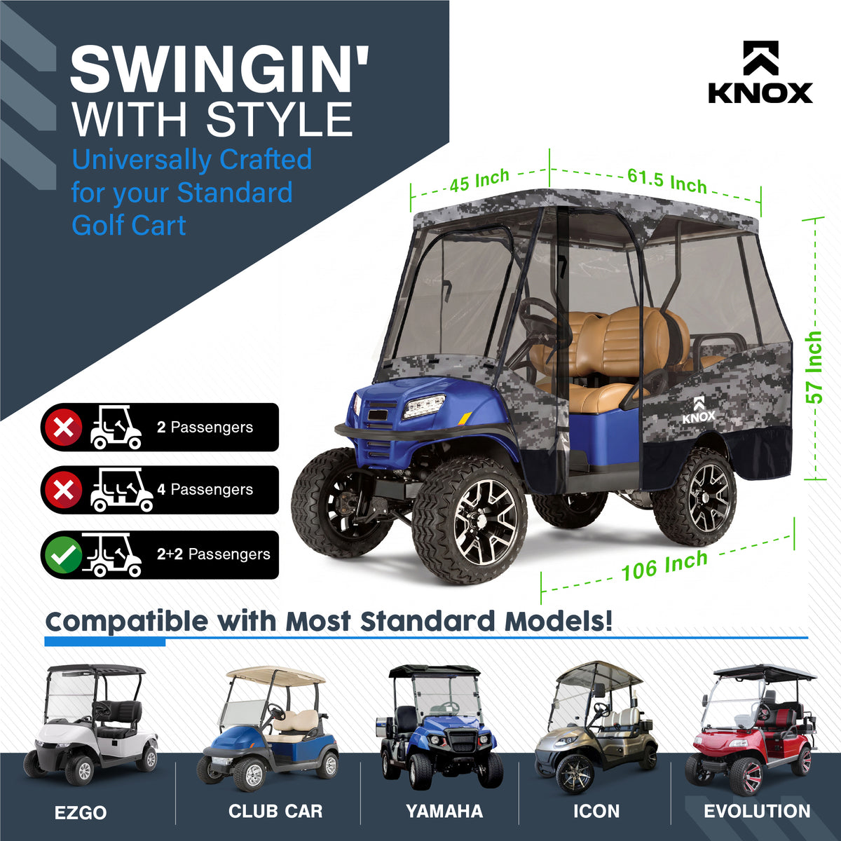KNOX 4 Person Golf Cart Enclosure, 2+2 Seater, 61.5-Inch Roof
