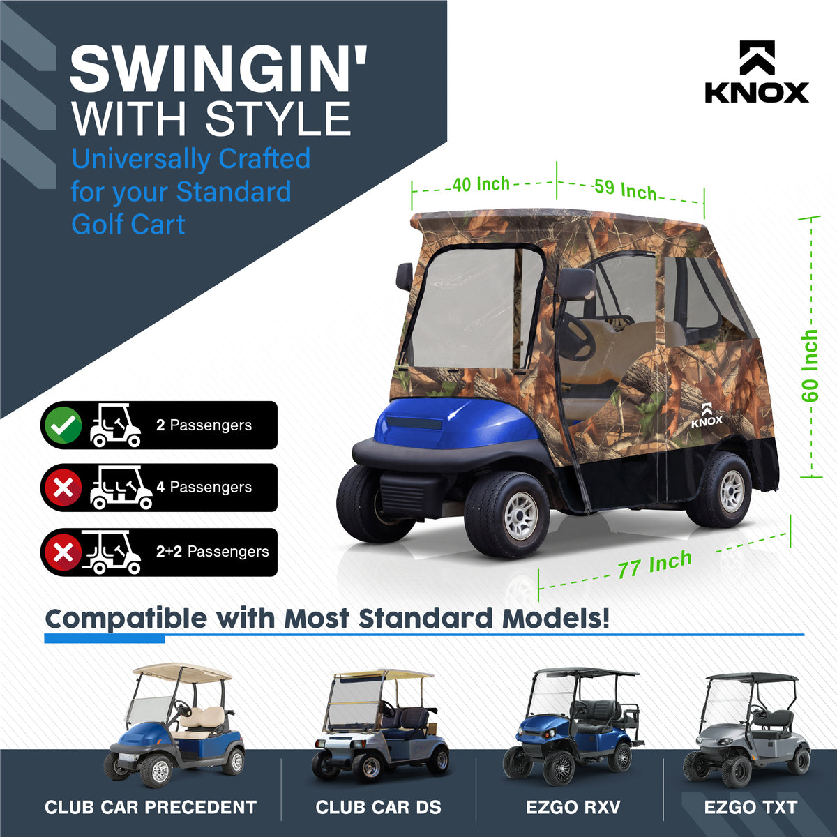 KNOX 2 Person Golf Cart Enclosure, 58-Inch Roof