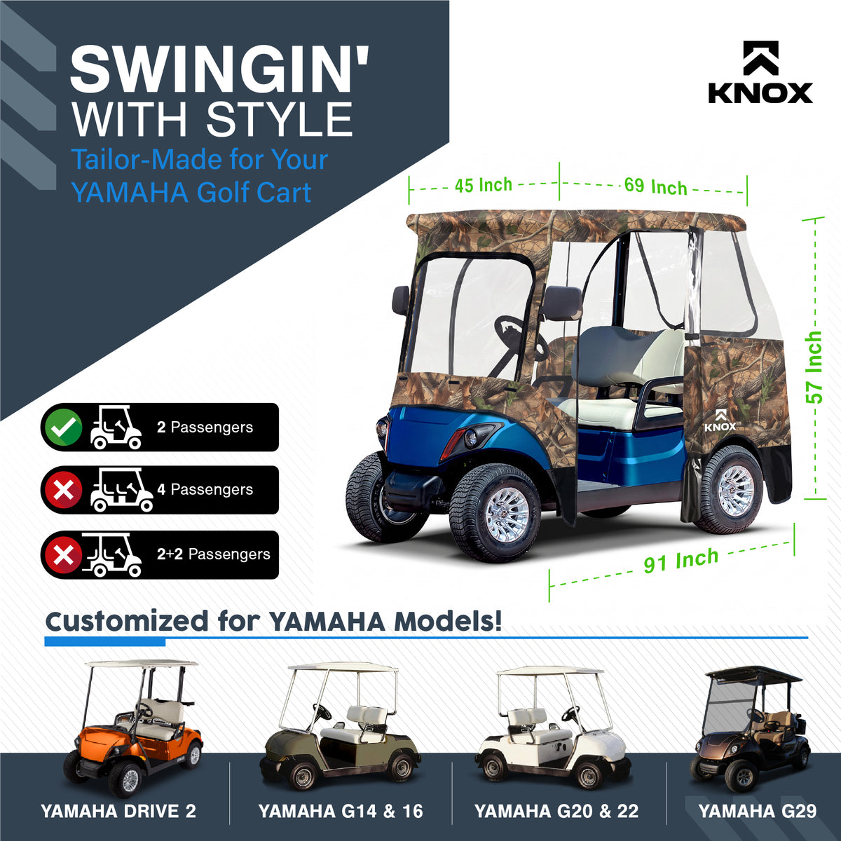 KNOX 2 Person Yamaha Golf Cart Enclosure, 69-Inch Roof