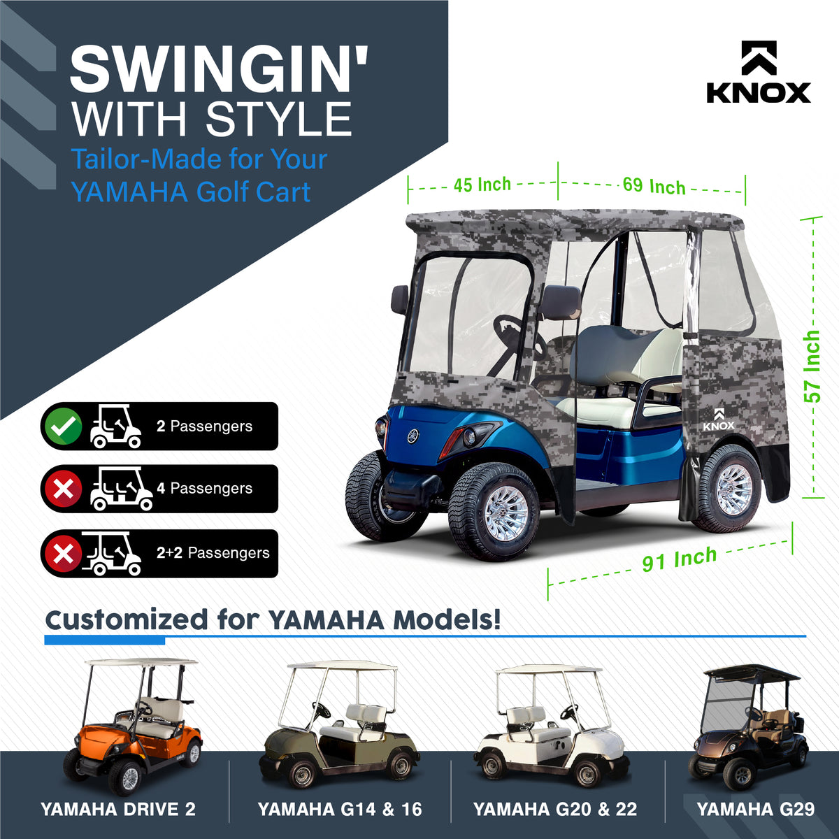 KNOX 2 Person Yamaha Golf Cart Enclosure, 69-Inch Roof