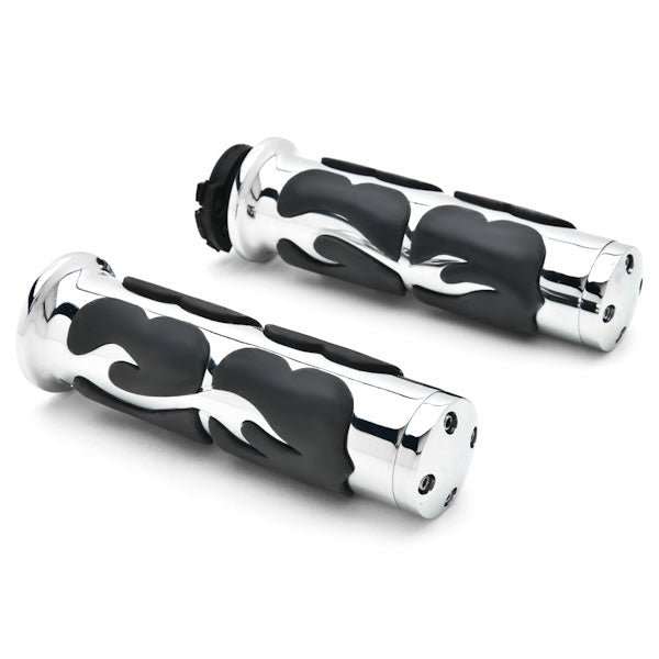 Flame Custom Chrome Motorcycle Handlebar Hand Grips (1")