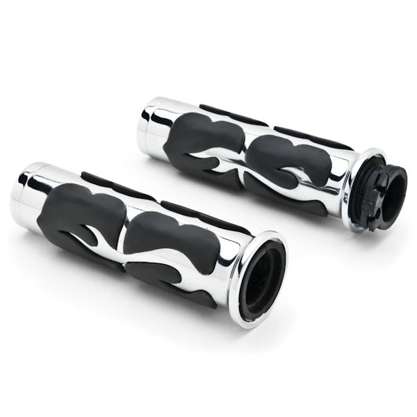Flame Custom Chrome Motorcycle Handlebar Hand Grips (1")