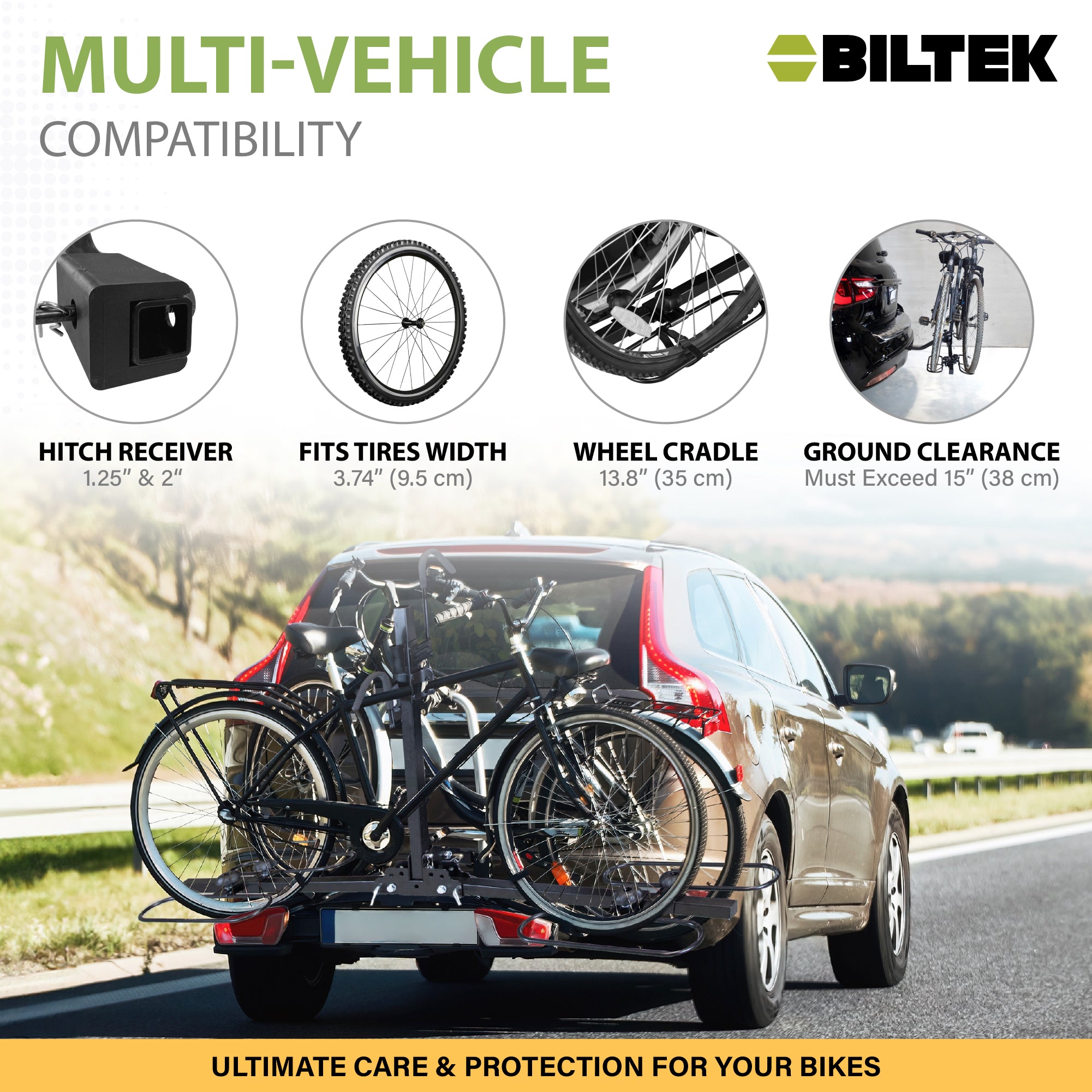 Biltek Hitch Mount Bike Rack, Bike Rack For Car, SUV, Truck, Minivan & Sedan