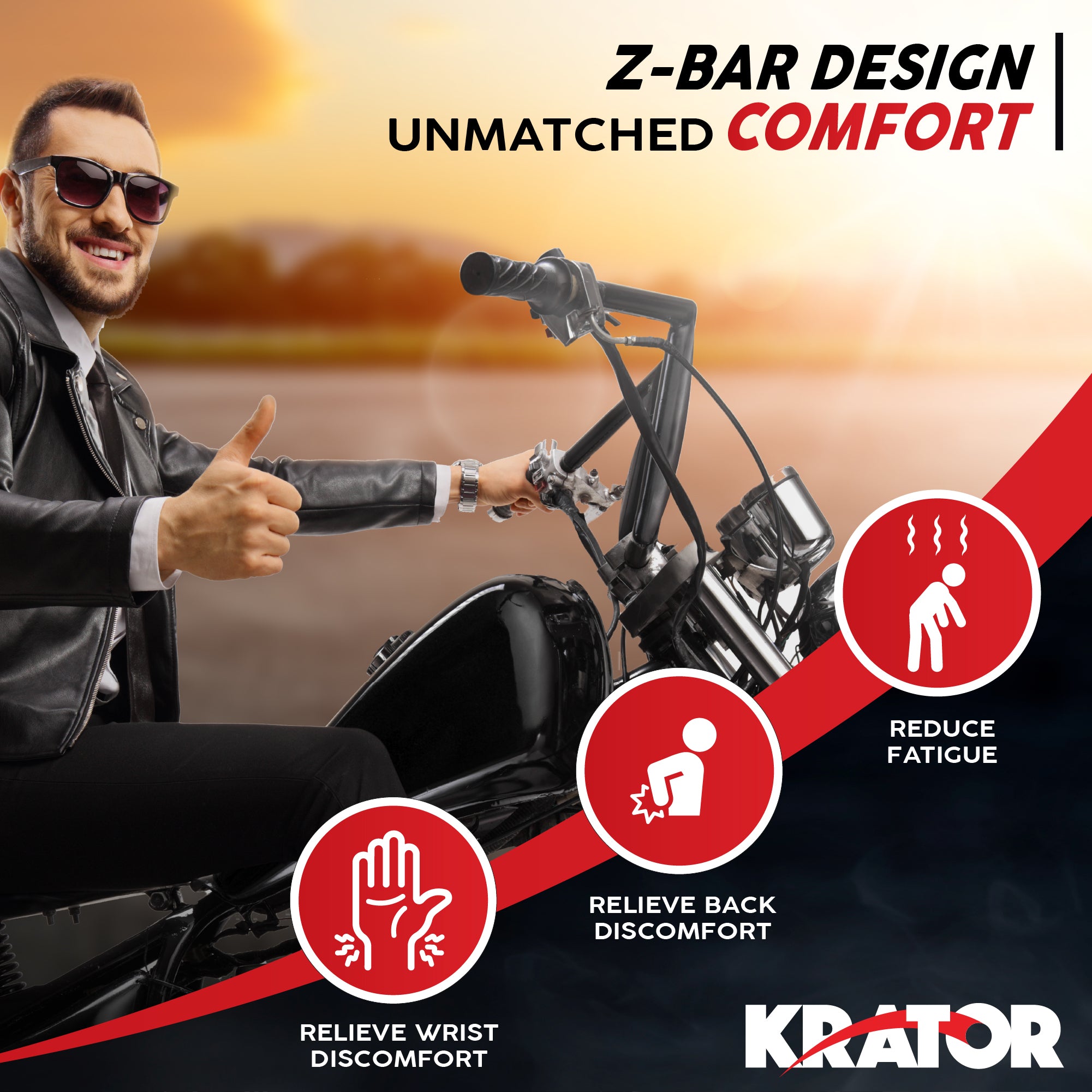 Krator Black Z-Bar Style Motorcycle Handlebar, Universal 1 Inch (25 mm) Handlebar