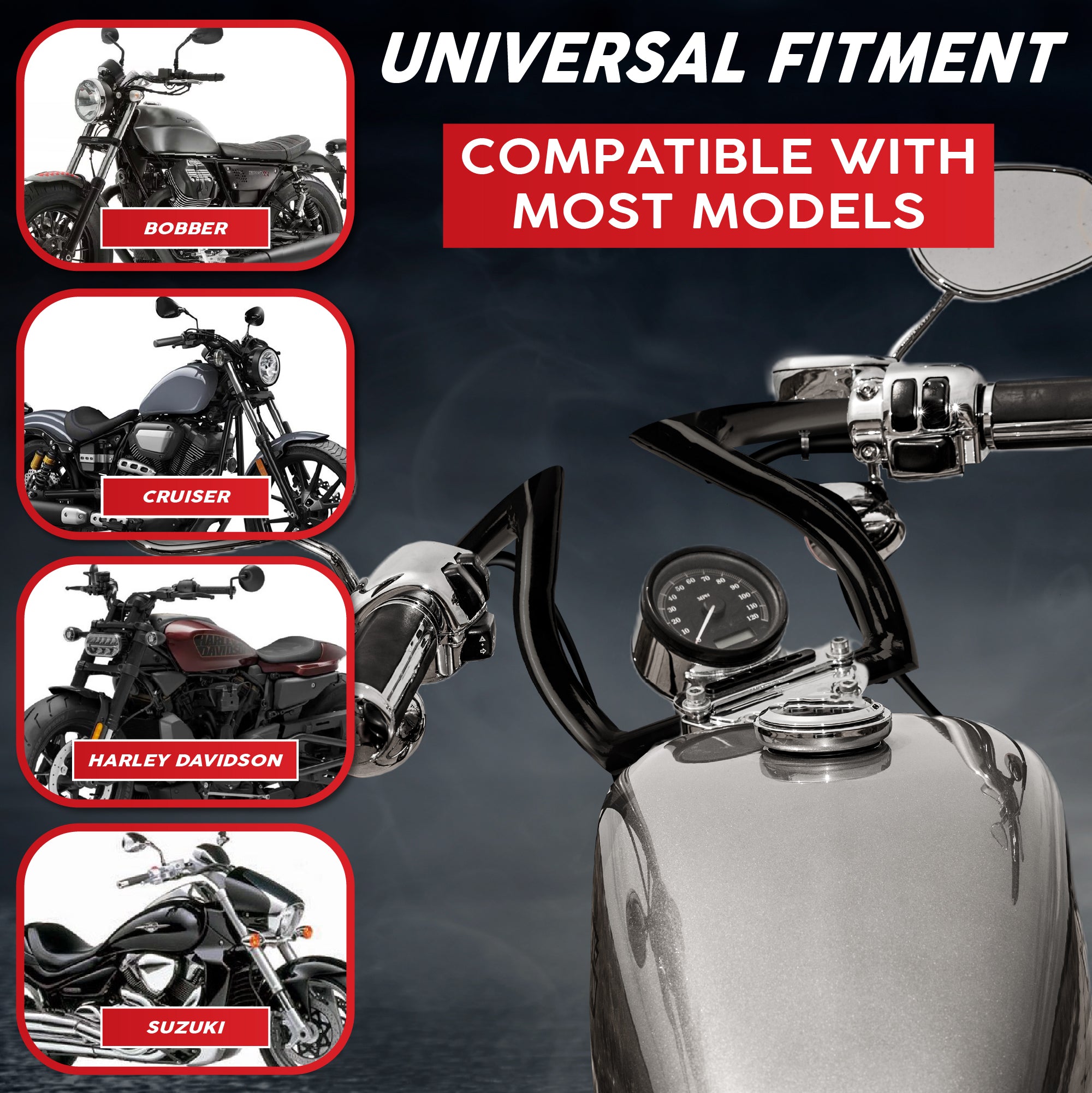 Krator Black Z-Bar Style Motorcycle Handlebar, Universal 1 Inch (25 mm) Handlebar