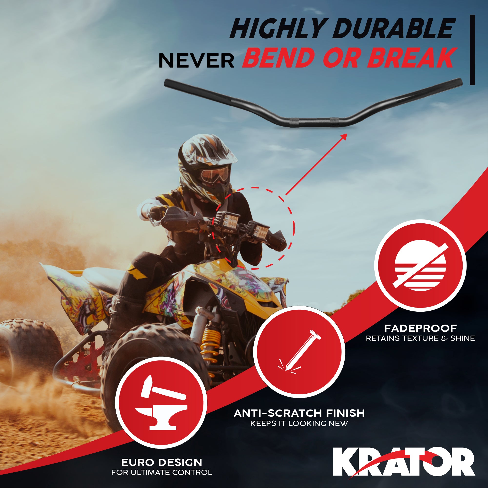 Krator Black Euro-Style Polished Motorcycle Handlebar, Universal 7/8 Inch (22 mm)Handlebar