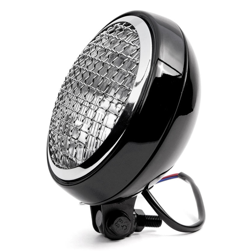 6" Black & Chrome Motorcycle Headlight Mesh Grill High Low Headlamp Bottom Mount