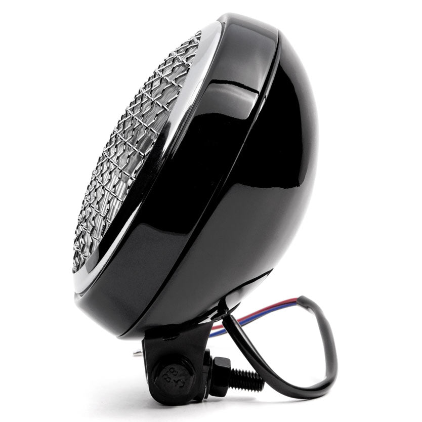 6" Black & Chrome Motorcycle Headlight Mesh Grill High Low Headlamp Bottom Mount