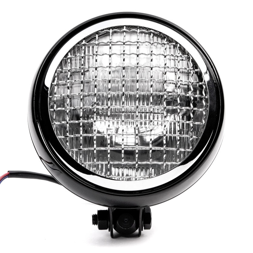 6" Black & Chrome Motorcycle Headlight Mesh Grill High Low Headlamp Bottom Mount