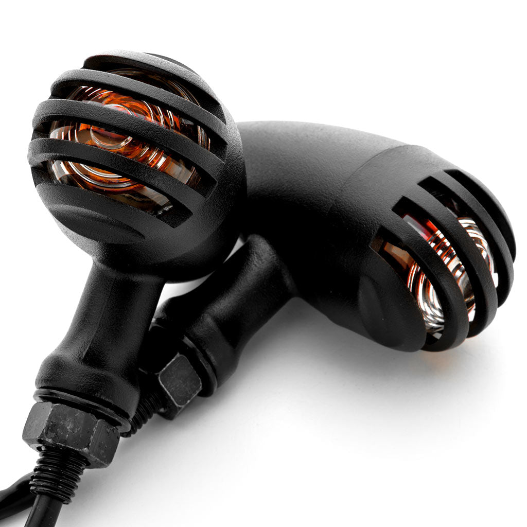 2pcs Black Heavy Duty Motorcycle Turn Signals Finned Grill Scalloped Blinkers