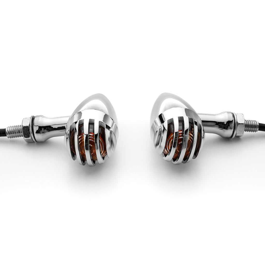 2pcs Chrome Heavy Duty Motorcycle Turn Signals Finned Grill Scalloped Blinkers