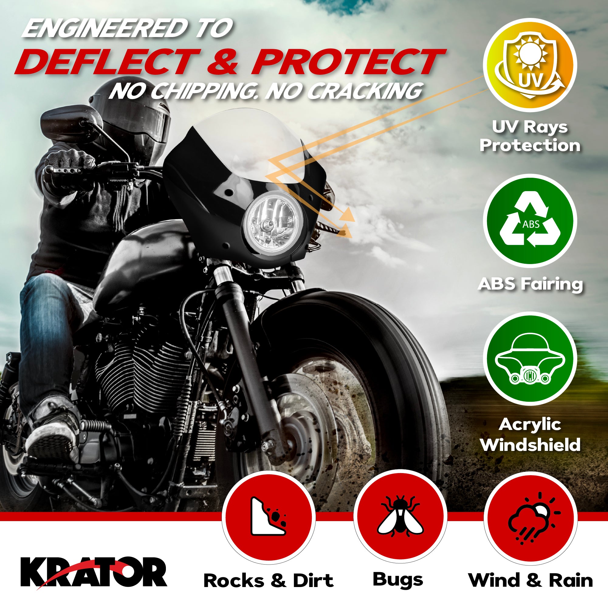 Krator Motorcycle Fairing Windshield, 35-41mm Fork Tubes, 6.25 Headlights, Clear