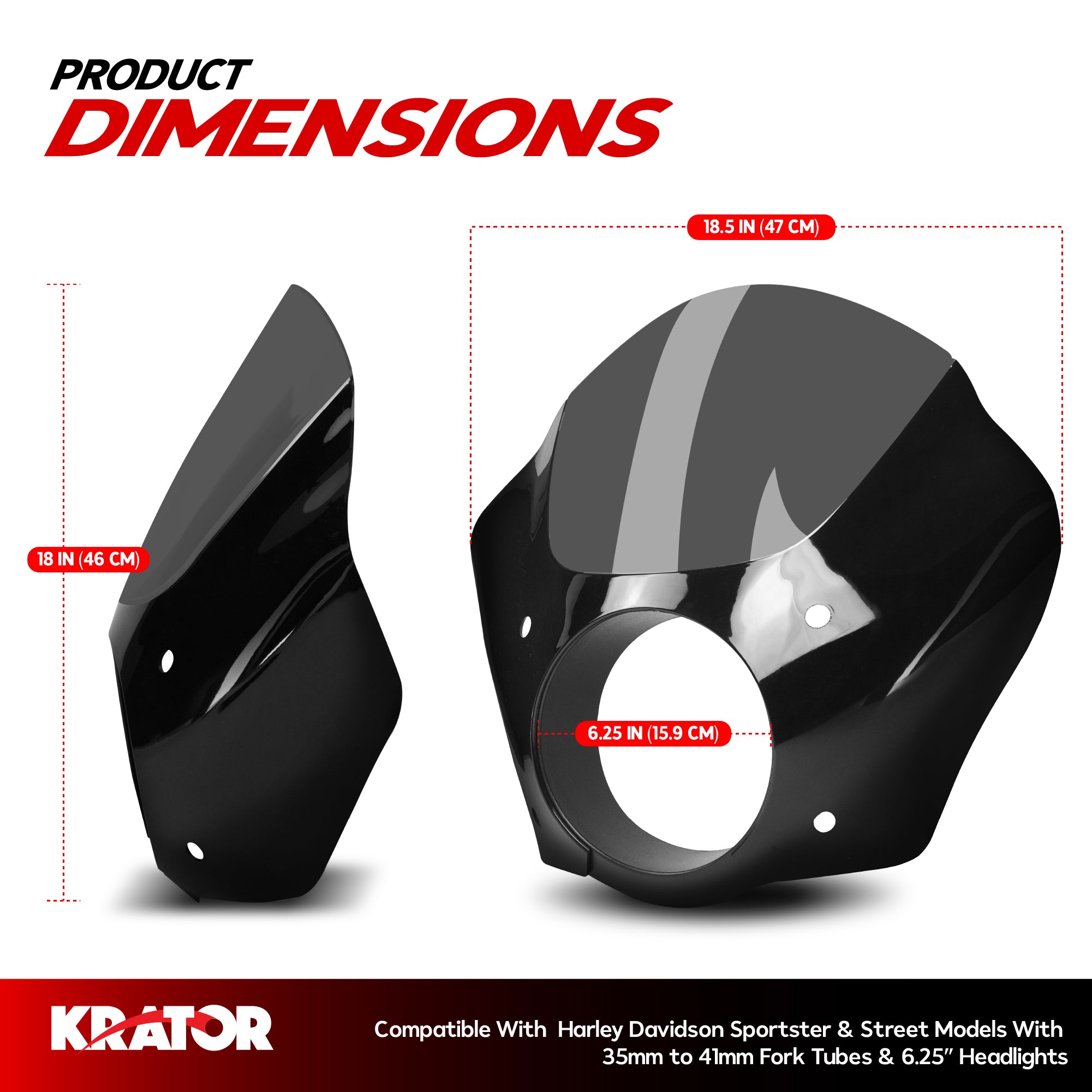 Krator Motorcycle Fairing Windshield, 35-41mm Fork Tubes, 6.25 Headlights, Smoke