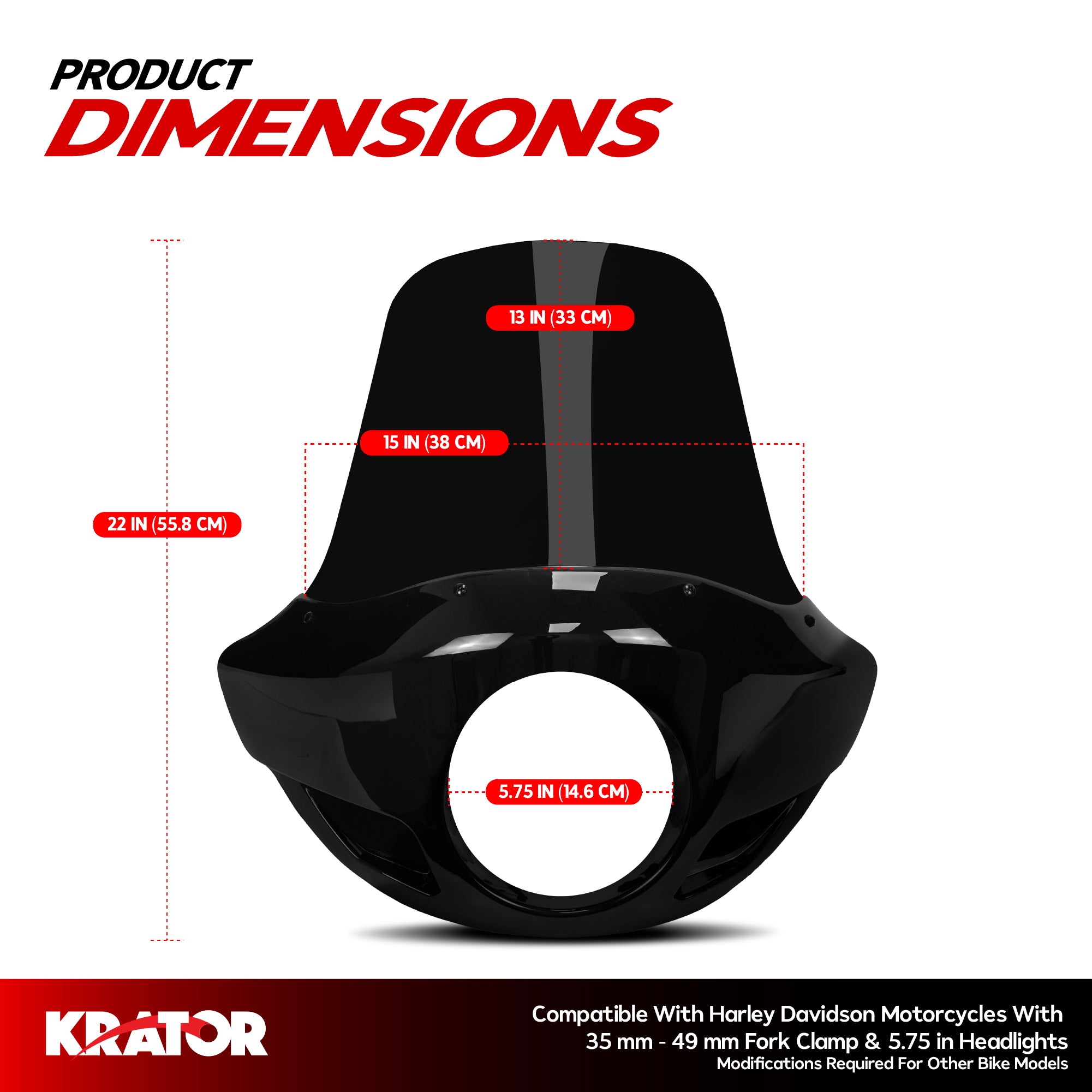 Krator 22" Motorcycle Headlight Fairing Windshield For 35-49mm Clamp, Blackout