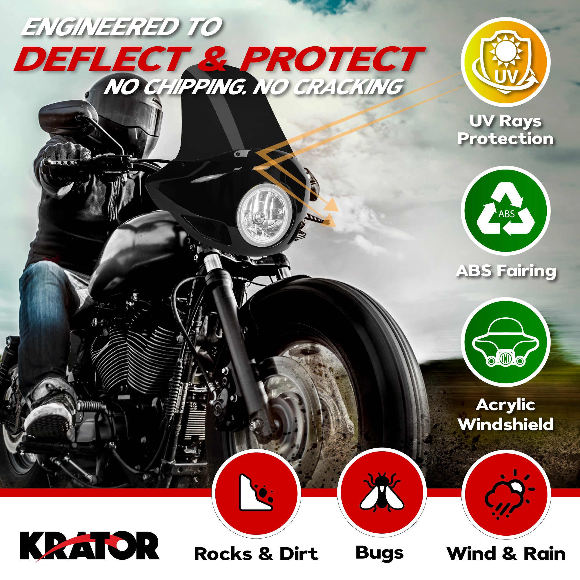 Krator 22" Motorcycle Headlight Fairing Windshield For 35-49mm Clamp, Blackout
