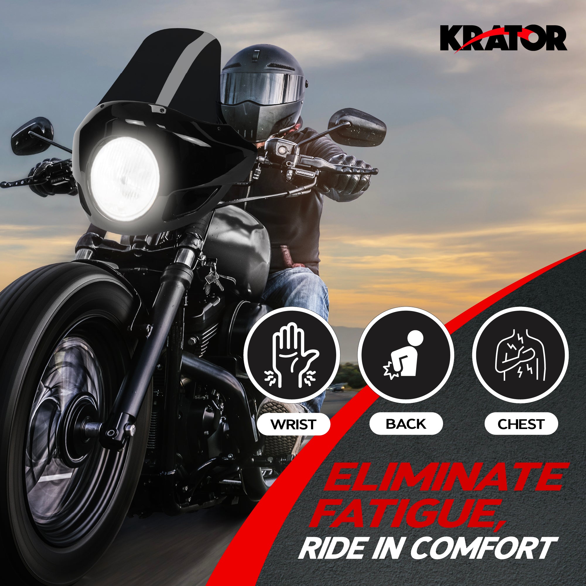 Krator 22" Motorcycle Headlight Fairing Windshield For 35-49mm Clamp, Blackout